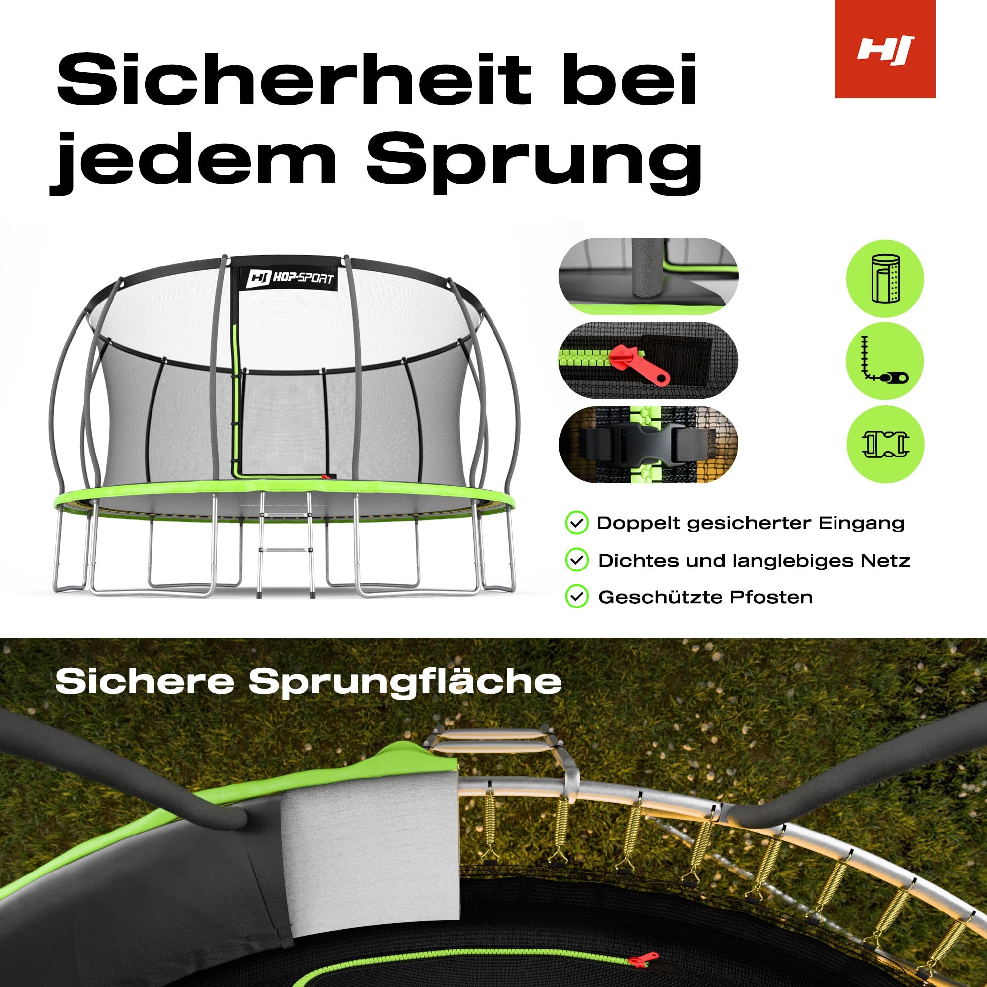 Hop-Sport Trampolin Outdoor - Ø 244/305/366/427/488 cm - Trampolin mit innenliegenden Sicherheitsnetz, gebogenen Netzstangen und Sicherheitszertifikaten - Komplettset mit Leiter Randabdeckung