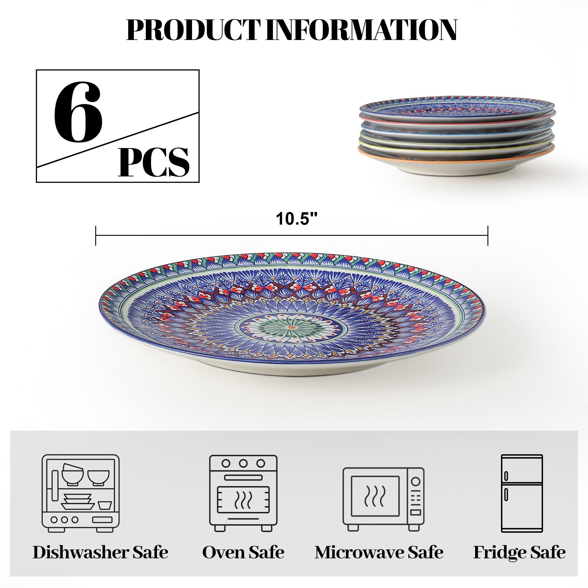 Juego de 6 platos de cocina de porcelana bohemia de 10.5 pulgadas, platos grandes de cerámica para servir platos para cocina y fiesta, aptos para microondas, horno, lavavajillas