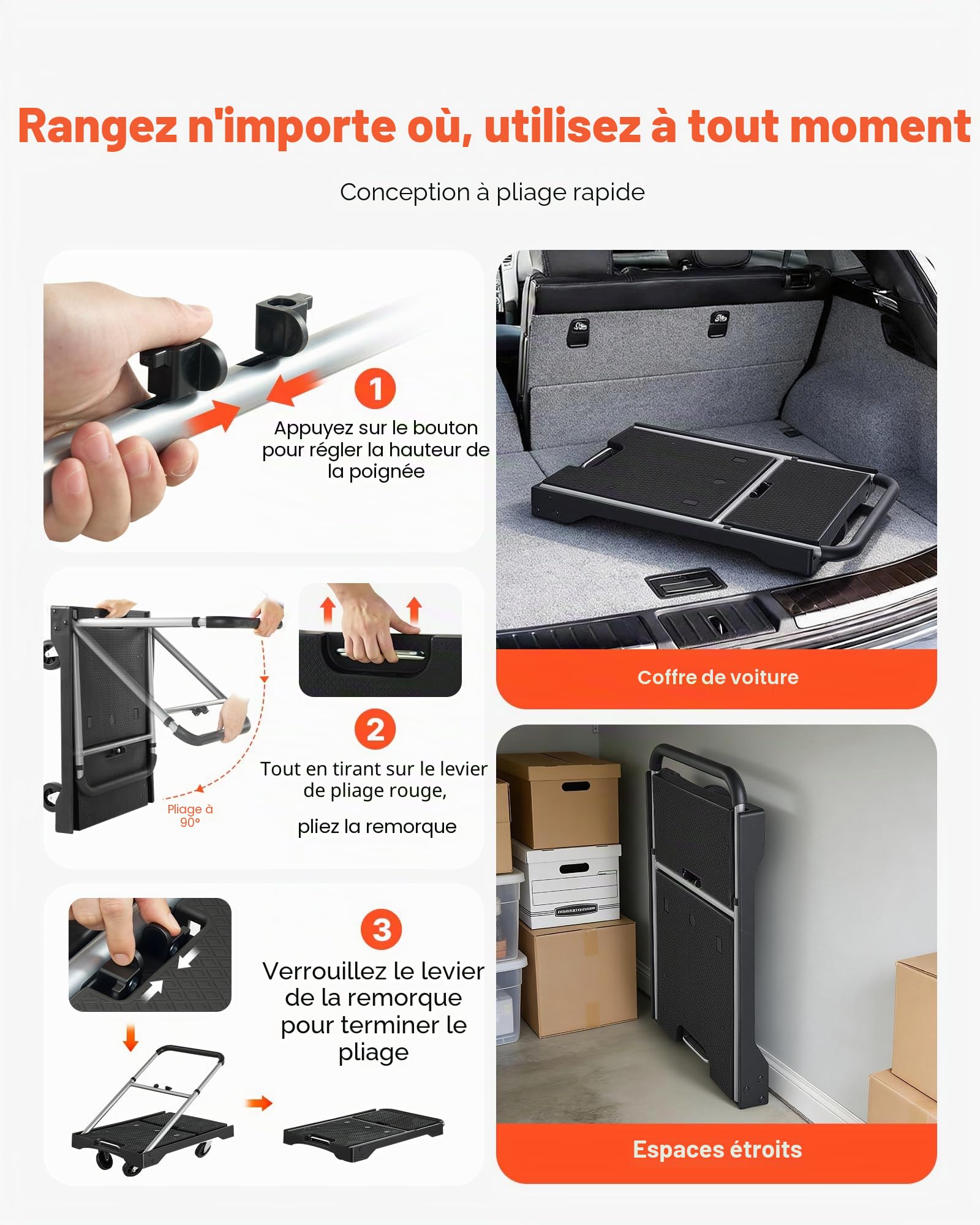 VEVOR Chariot à Plateforme Pliable Charge 149,69 kg Chariot à Plateau Pliable 68x49,5 cm pour Manutention et Déplacer Objets Volumineux et Lourds, avec Roues Pivotantes, Poignée à Hauteur Réglable
