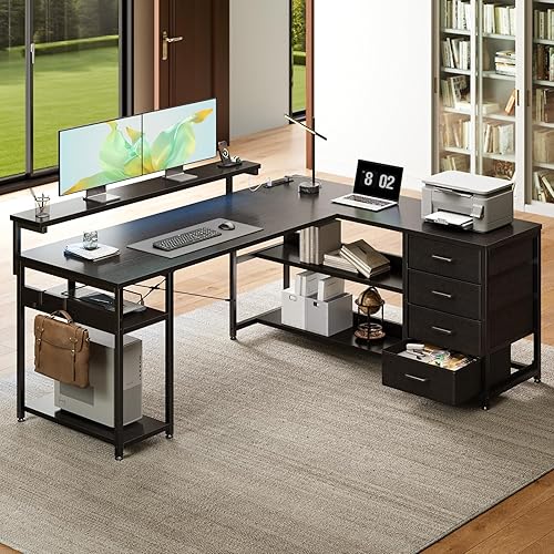 Miniatura 2 de AODK Escritorio en forma de L de 53 pulgadas con cajón, escritorio para computadora con tomas de corriente y luces LED, escritorio de esquina Negro