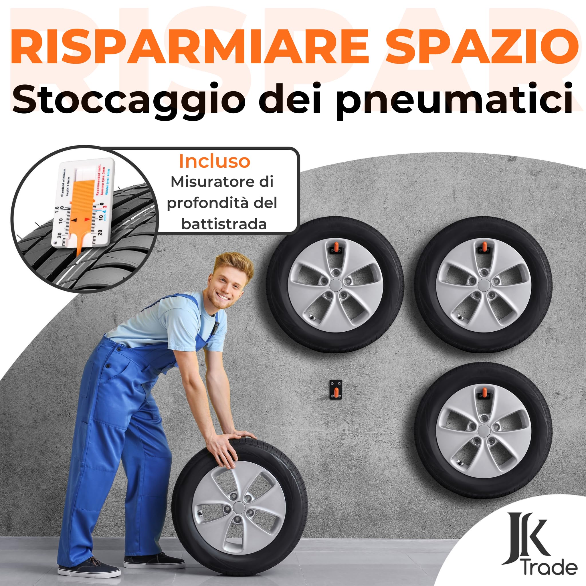 JK Trade® Set da 4 Supporti da parete per pneumatici per cerchioni auto incl. set di viti e tasselli, ganci a parete per pneumatici da avvitare per pneumatici auto, attrezzi da giardino, cerchioni in