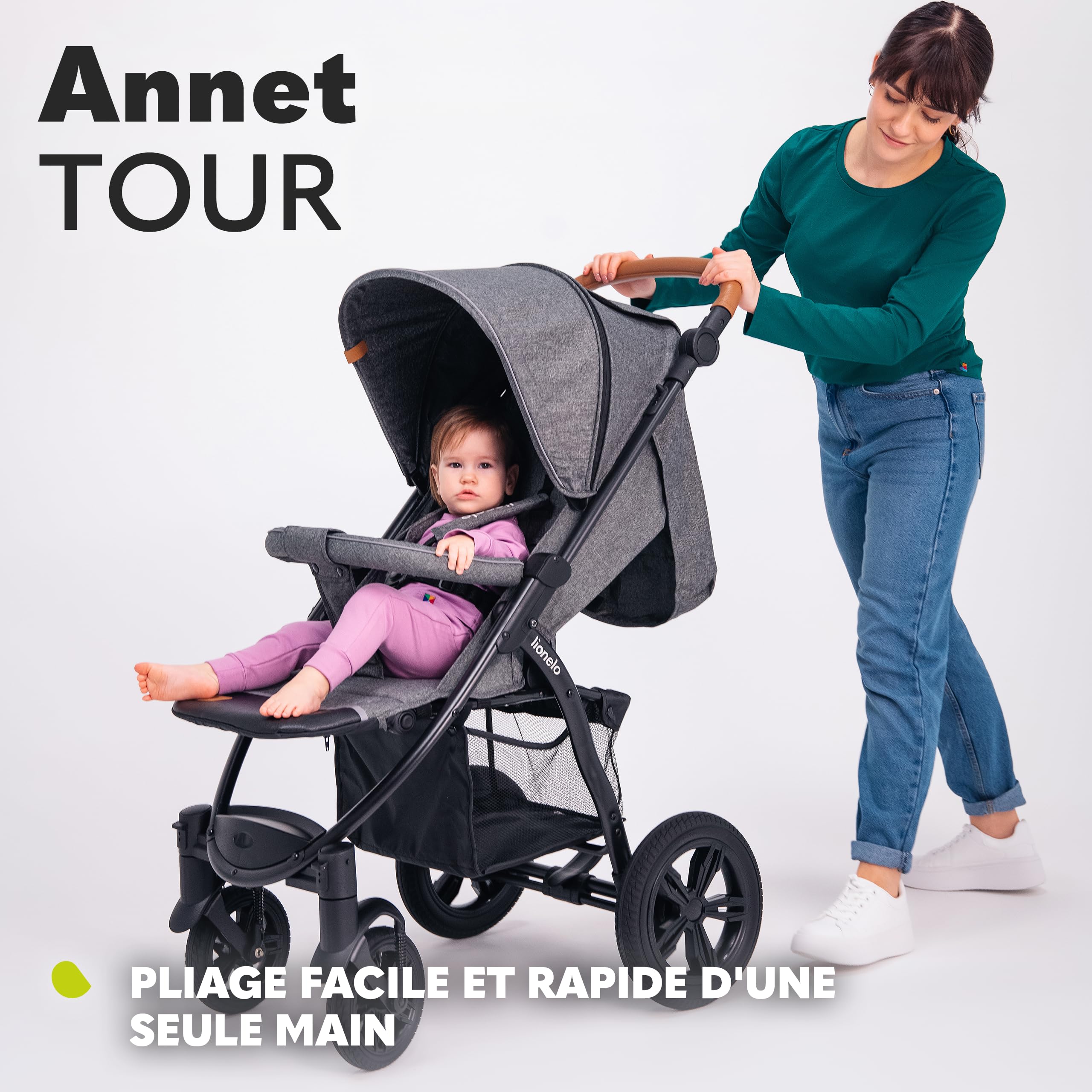 LIONELO Annet Tour poussette canne universelle jusqu'à 22 kg, réglage du dossier jusqu’à la position allongée, roues sans entretien, auvent imperméable XXL, ceintures à 5 points (vert)