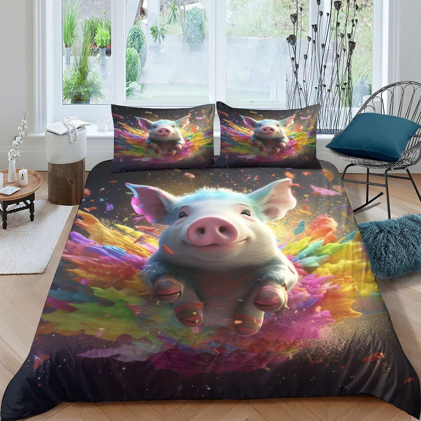 Parure de lit cochon 3D en microfibre 200x200 cm avec sa housse de couette et ses 2 taies