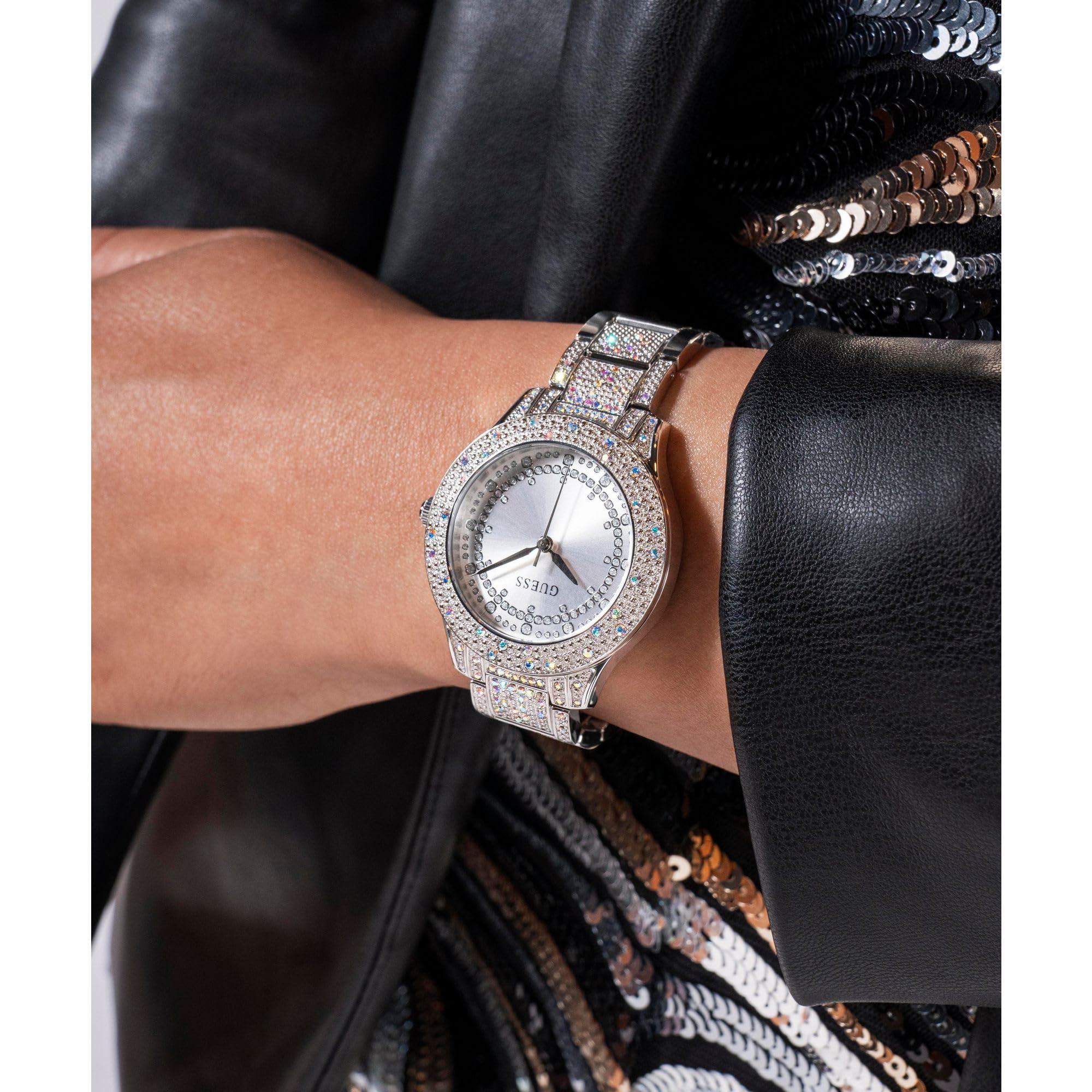 Guess Damen-Uhr Shooting Star Silber 36mm mit Zirkonia & Edelstahlarmband & 1 bar Wasserschutz – GW0746L1