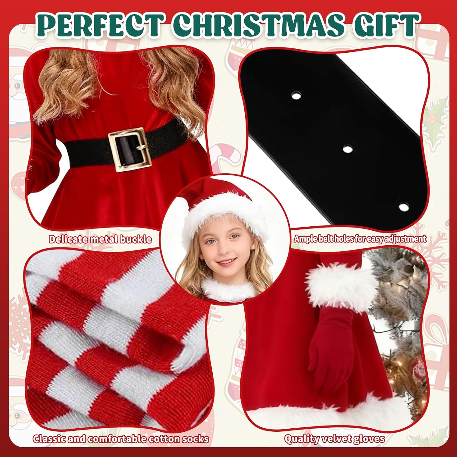 9PCS Santa Claus Costume for Kids: 5-12 Years Velvet Christmas Suit Set with Accessories for Holiday Party Cosplay - Image 5