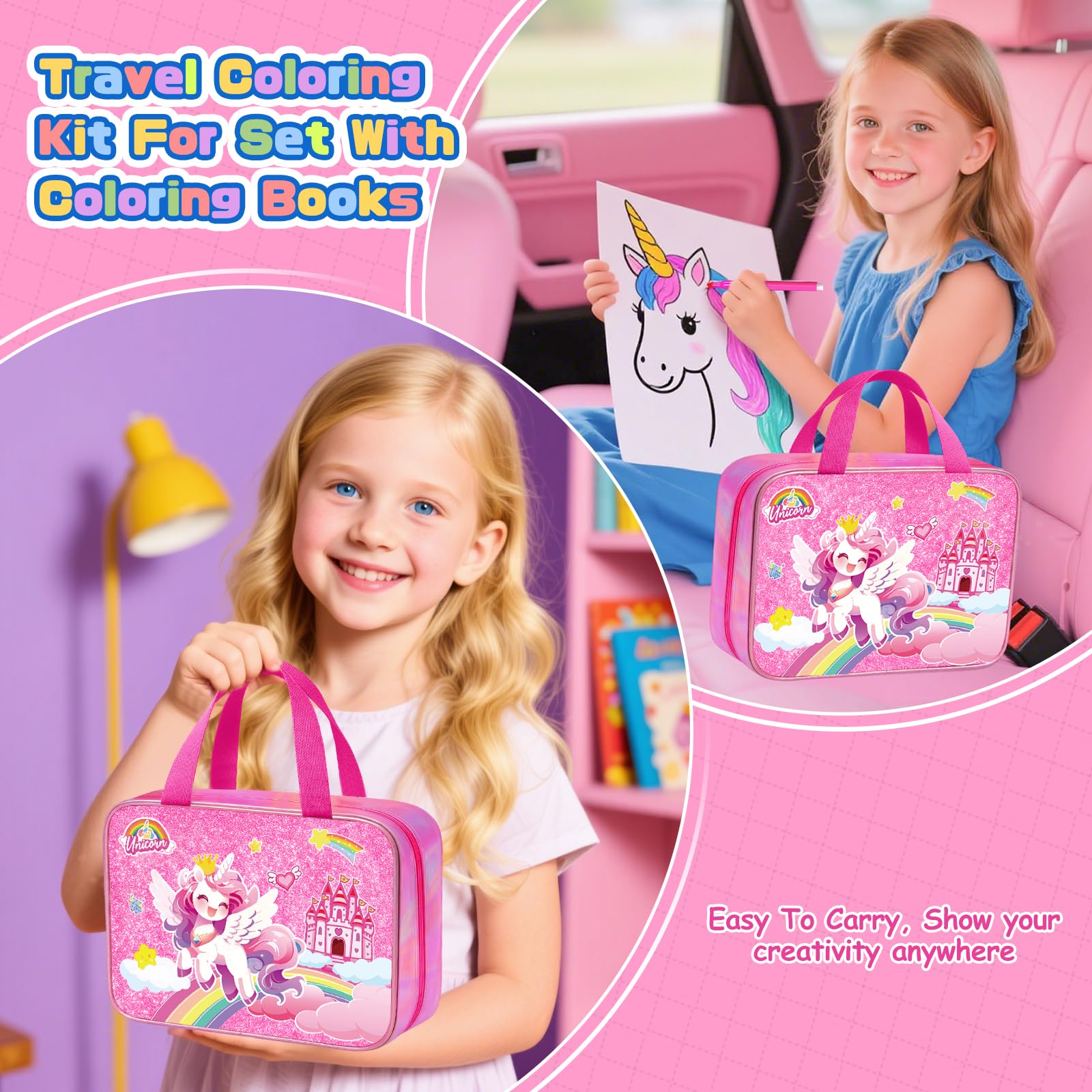 DreamyCandy Set di pennarelli lavabili con astuccio per il trasporto, forniture artistiche per bambini dai 4 ai 6 - 8 anni, set da colorare con adesivi, regalo di compleanno per ragazze di 4, 5, 6, 7
