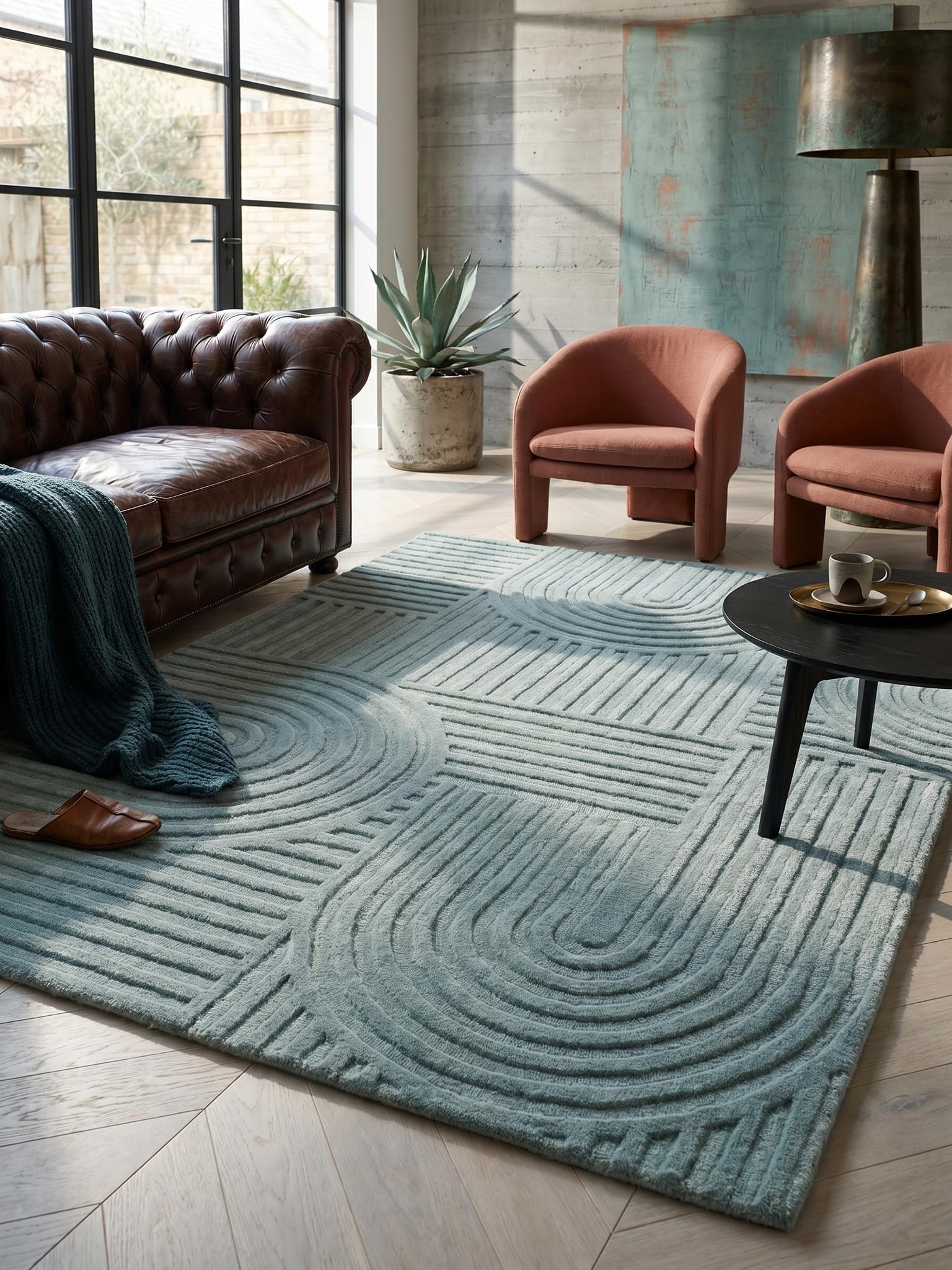 Tapis en Laine Motif Géométrique Dense et Robuste Bleu Canard-Bleu 200 x 290 cm Salle à Manger | Leven