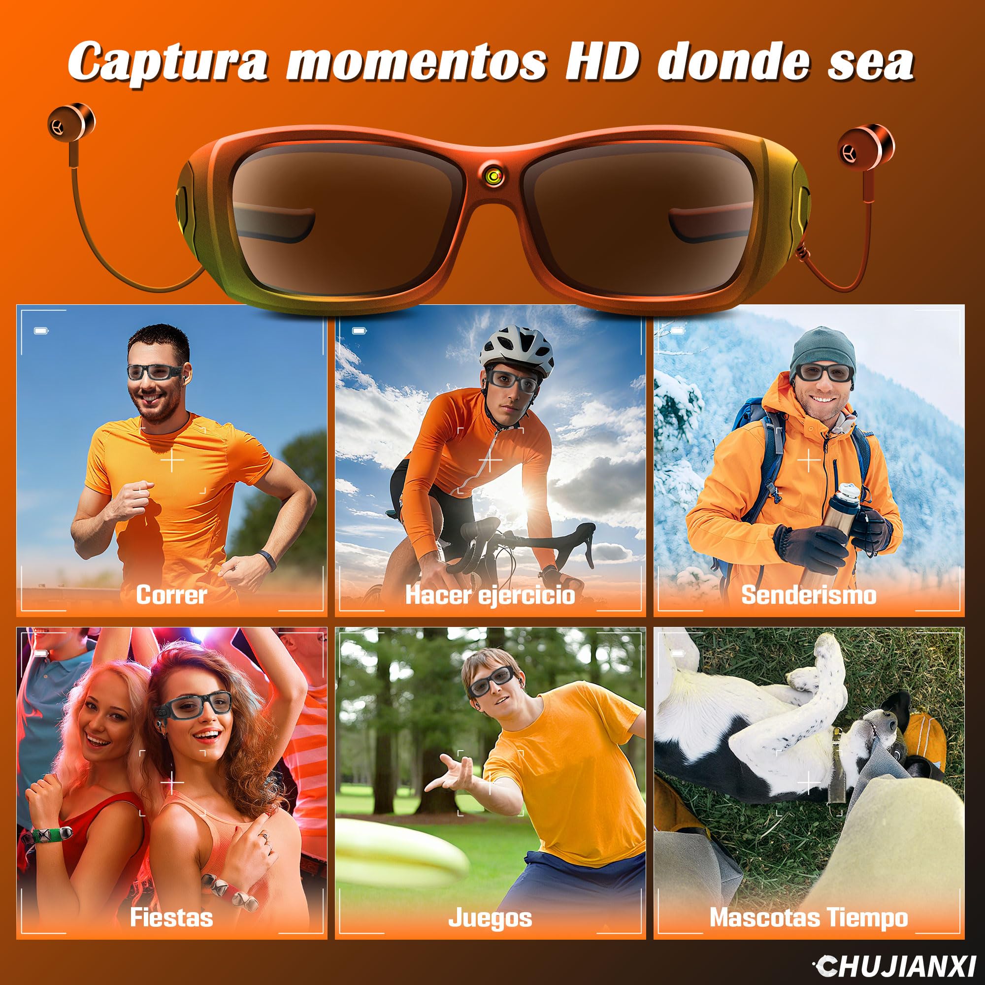 Mini cámara, Gafas con cámara y Bluetooth, Gafas de vídeo 1080p | Gafas de sol con cámara y lentes polarizadas UV400, gafas con cámara portátiles para deportes al aire libre, ciclismo