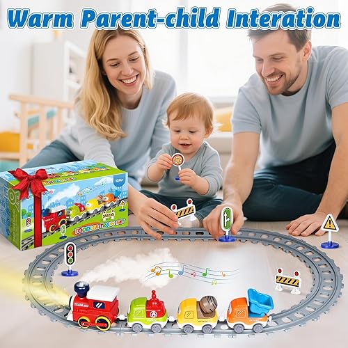 Miniatura 7 de Juego de tren para niños pequeños con vapor, sonido y luces, conexión magnética, regalos de cumpleaños para niños y niñas