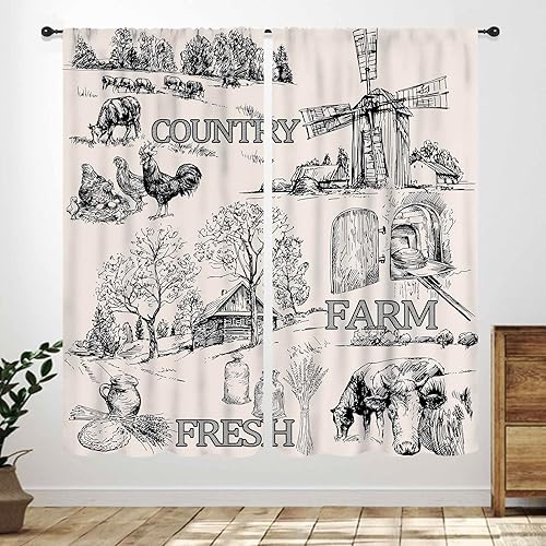 Miniatura 9 de Cortinas de cocina de granja, animales de granja rústica, gallo, pollo, leche, vaca, cerdo, molino de viento, granero rojo, retro, casa rural,