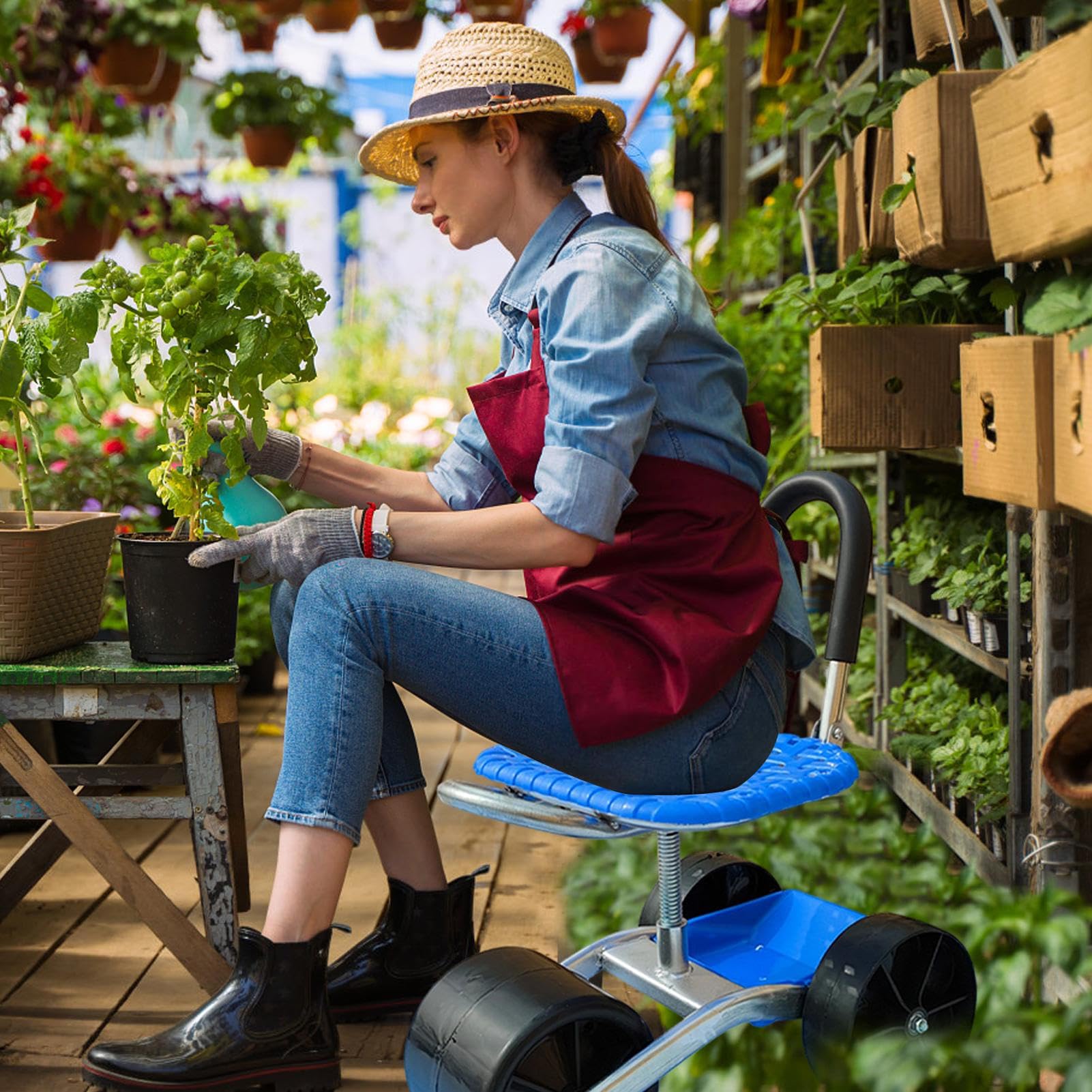 Sedile da Giardino con Ruote Sgabello Girevole a 360 Gradi | Sedile Per Giardinaggio Rotolante Sgabello Carrello Da Giardino Multiuso Portatile Altezza Regolabile Per Seduta All'Aperto