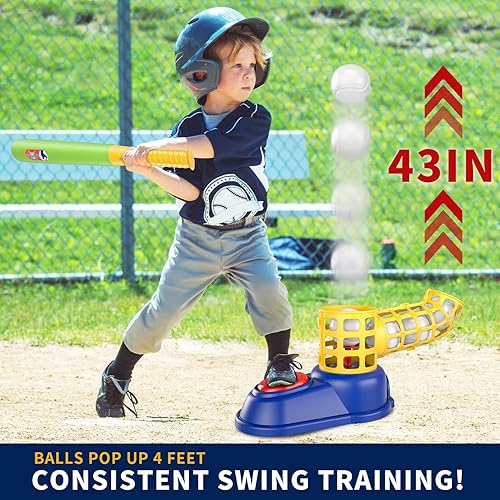 Miniatura 5 de Bennol Juego de pelota en T para niños de 3-5, 5-8, camiseta de béisbol para niños pequeños, lanzador de bolas automático, juego de camiseta