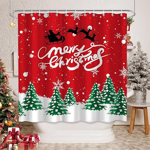 HappyPumpkin Cortina de ducha de Navidad, Papá Noel, renos, árboles de Navidad, decoración de baño de poliéster impermeable (72 x 72 pulgadas), 12