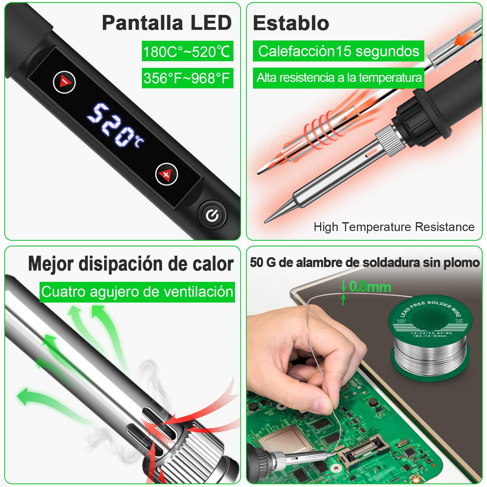 Soldador de estaño 80W Kit 13 en 1 Soldador Profesional con Temperatura Ajustable 180℃-520℃, 5pcs Puntas, Bomba Desoldadora, Soporte, Pinzas Antiestáticas, Alambre de Soldadura