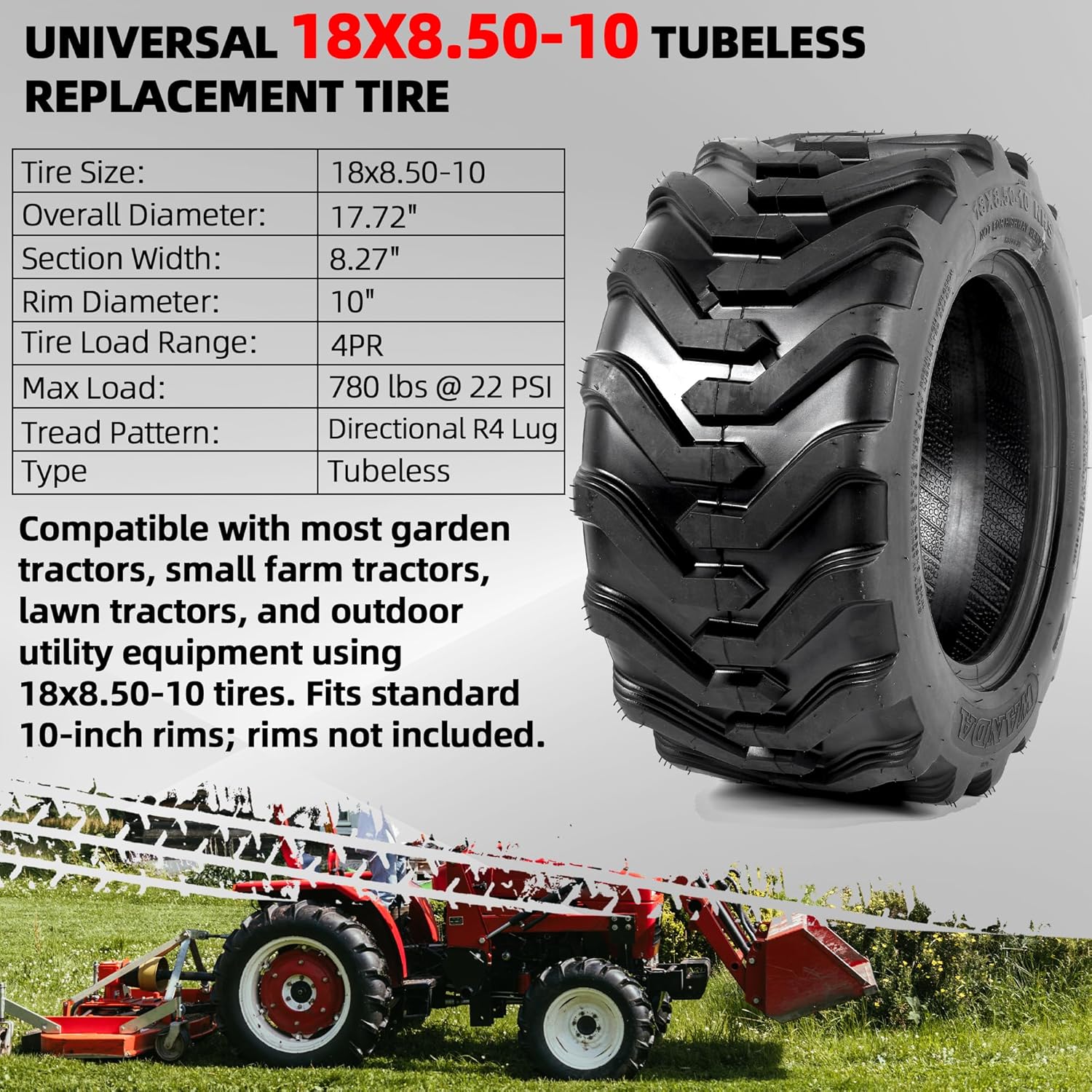 AR-PRO 18x8.50-10 Garden Tractor Tubeless Tire, Heavy Duty 4-Ply Farm & Lawn Tractor Tire, 780lbs Capacity (1-Pack)