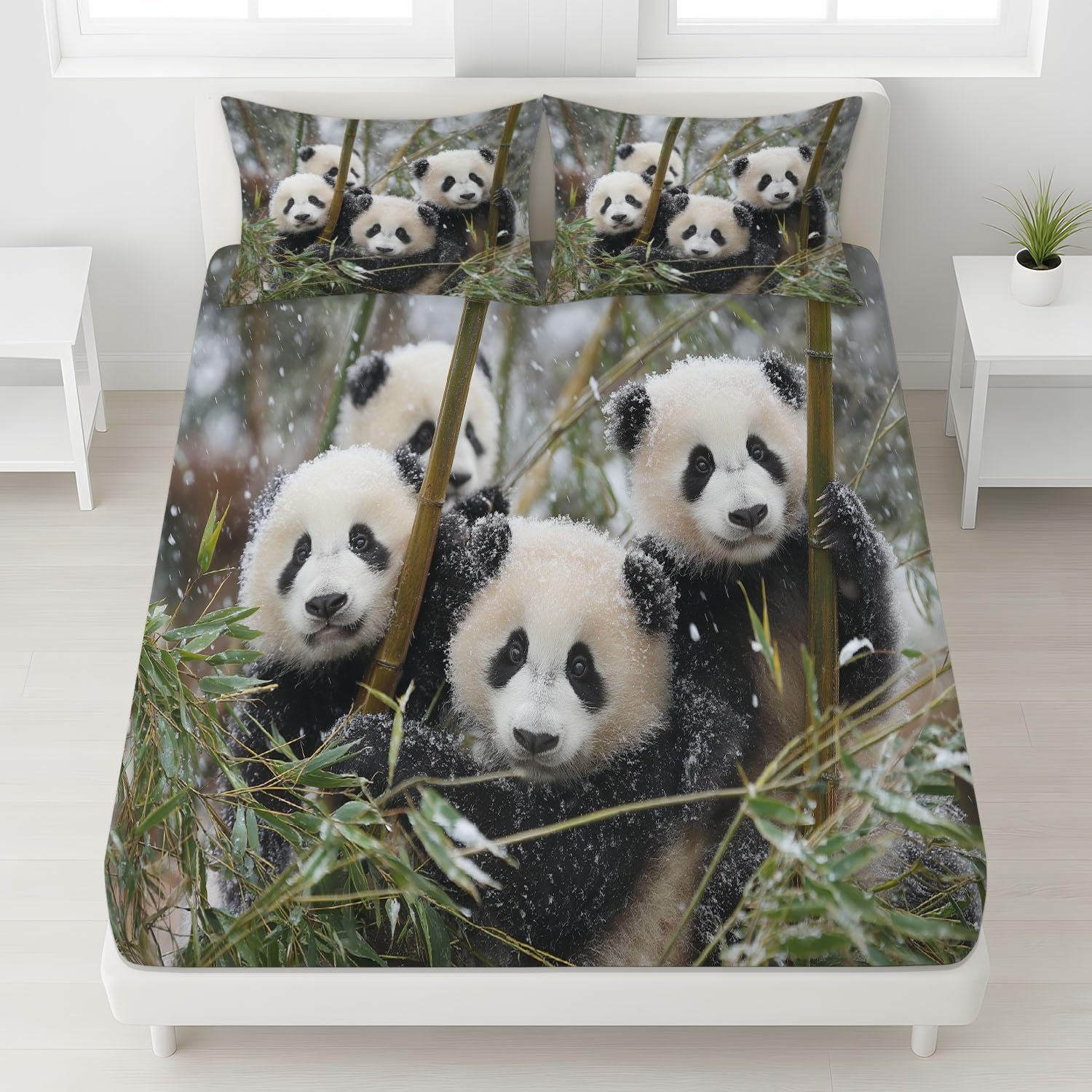 Kinderzimmer Spannbettlaken 200 x 200 cm - Mikrofaser Baby Panda, Schneeflocken, Frisch Bettwäsche-Set, Realistische Fotografie, Harmonie with 30 cm Tiefe Tasche Bettlaken