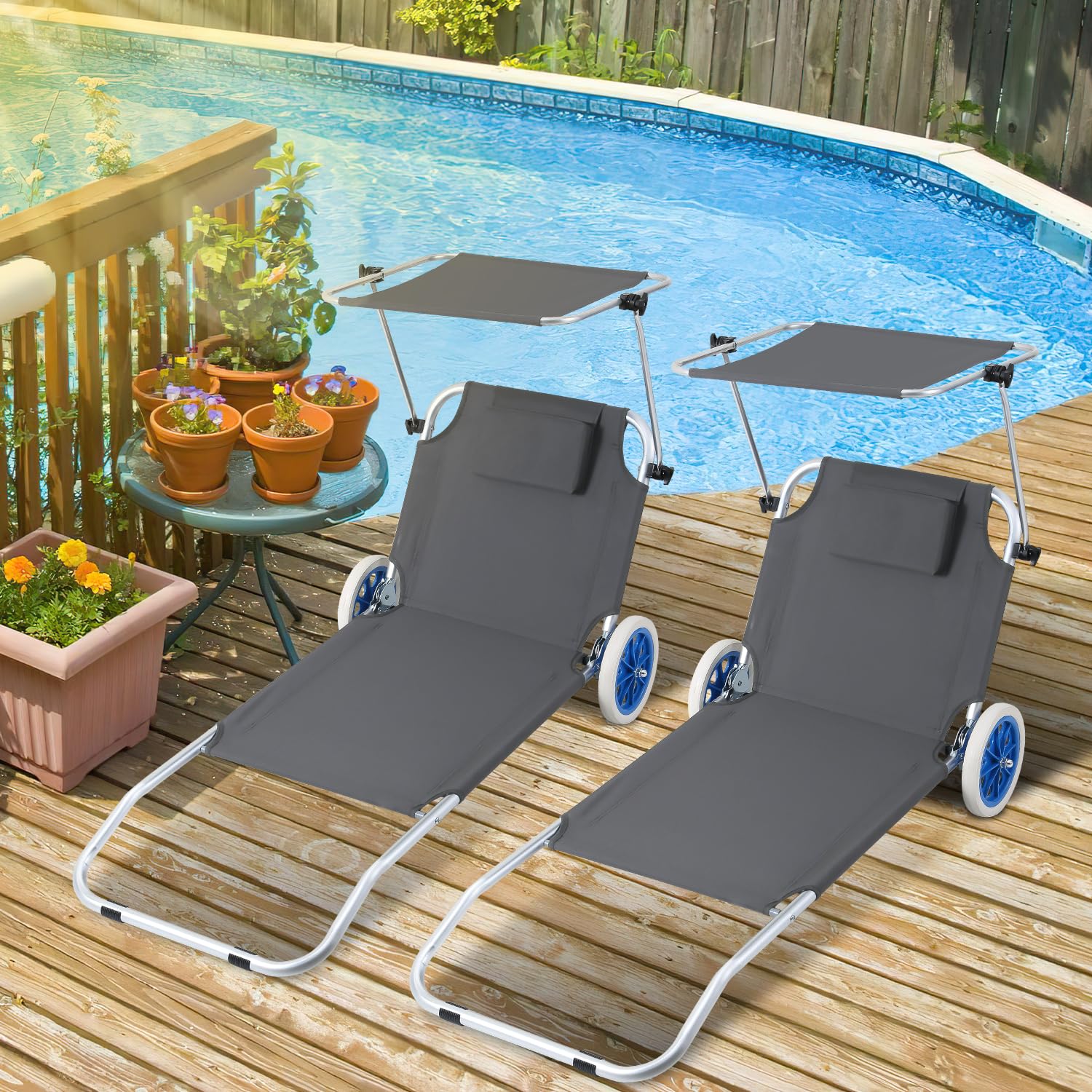 Tubiaz 2 tumbonas plegables con techo con ruedas, respaldo ajustable de 5 posiciones, soporta hasta 100 kg, para playa o piscina, jardín, aluminio, gris