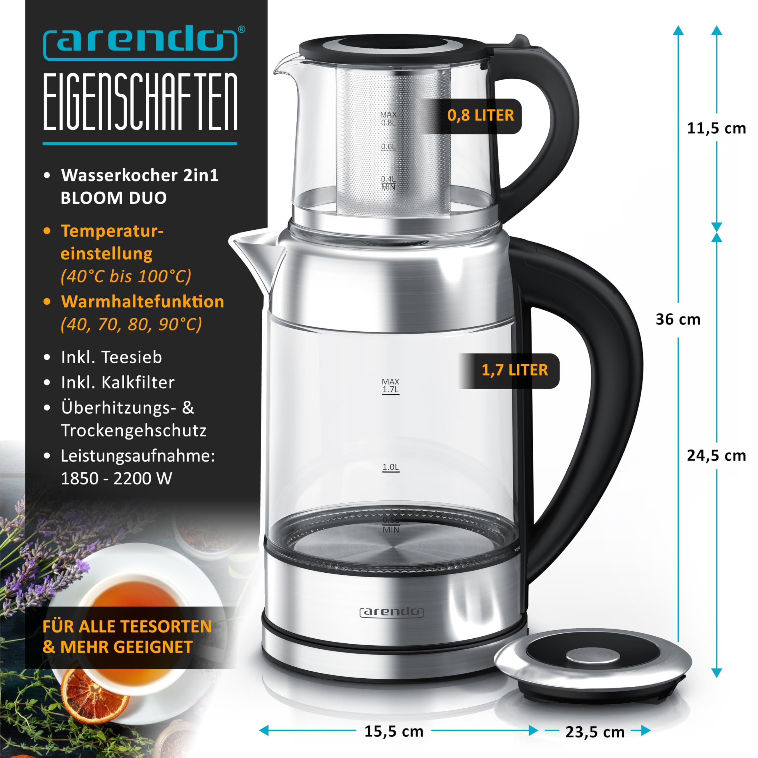 Arendo - Glas Wasserkocher mit Temperatureinstellung 1,8 Liter - Teekocher 0,8 Liter mit Sieb - 2200 W – Überhitzungsschutz – Temperaturauswahl 40° - 100°C - Warmhaltefunktion - LED Beleuchtung