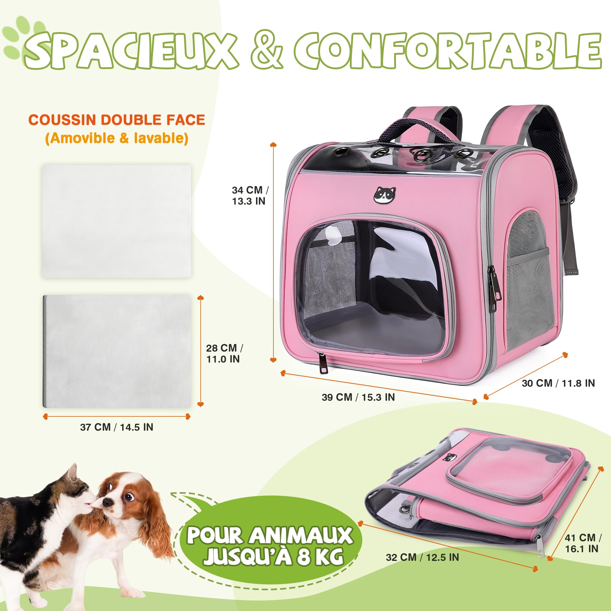 ALLSOPETS Sac à Dos pour Chien, avec Fenêtre Transparente, Rose Fleur | Sac à Dos Transport Respirant avec Crochet de Sécurité, Confortable pour Chats et Petits Chiens en Voyage, Extérieur Aventure