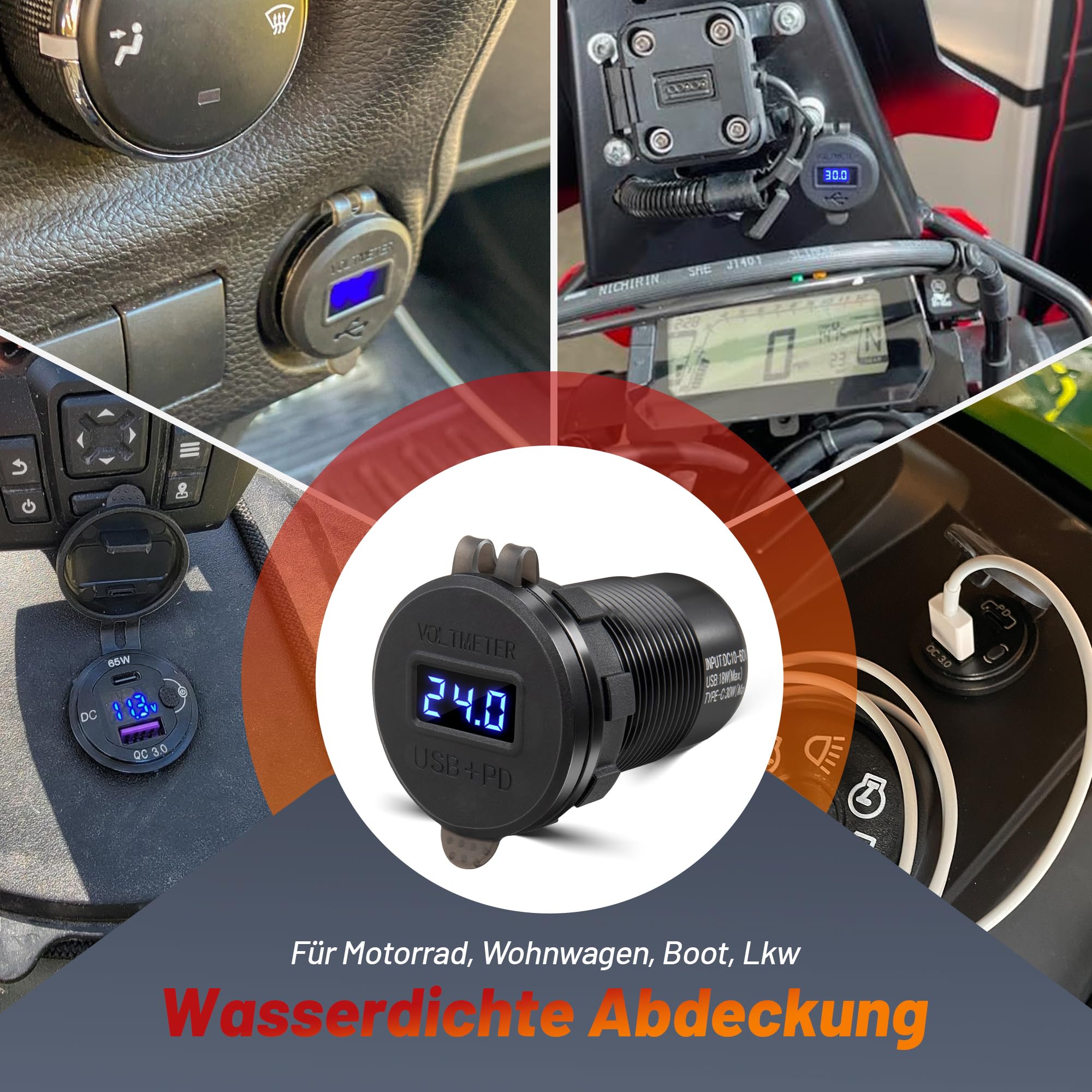 RED WOLF 48W USB C PD Steckdose 12 Volt Auto Ladegerät Zigarettenanzünder mit Schalter, QC 3.0 & USB Typ C Einbaubuchse mit LED Voltmeter für Kfz Wohnmobil Motorrad Boot LKW Wohnwagen 10V-60V