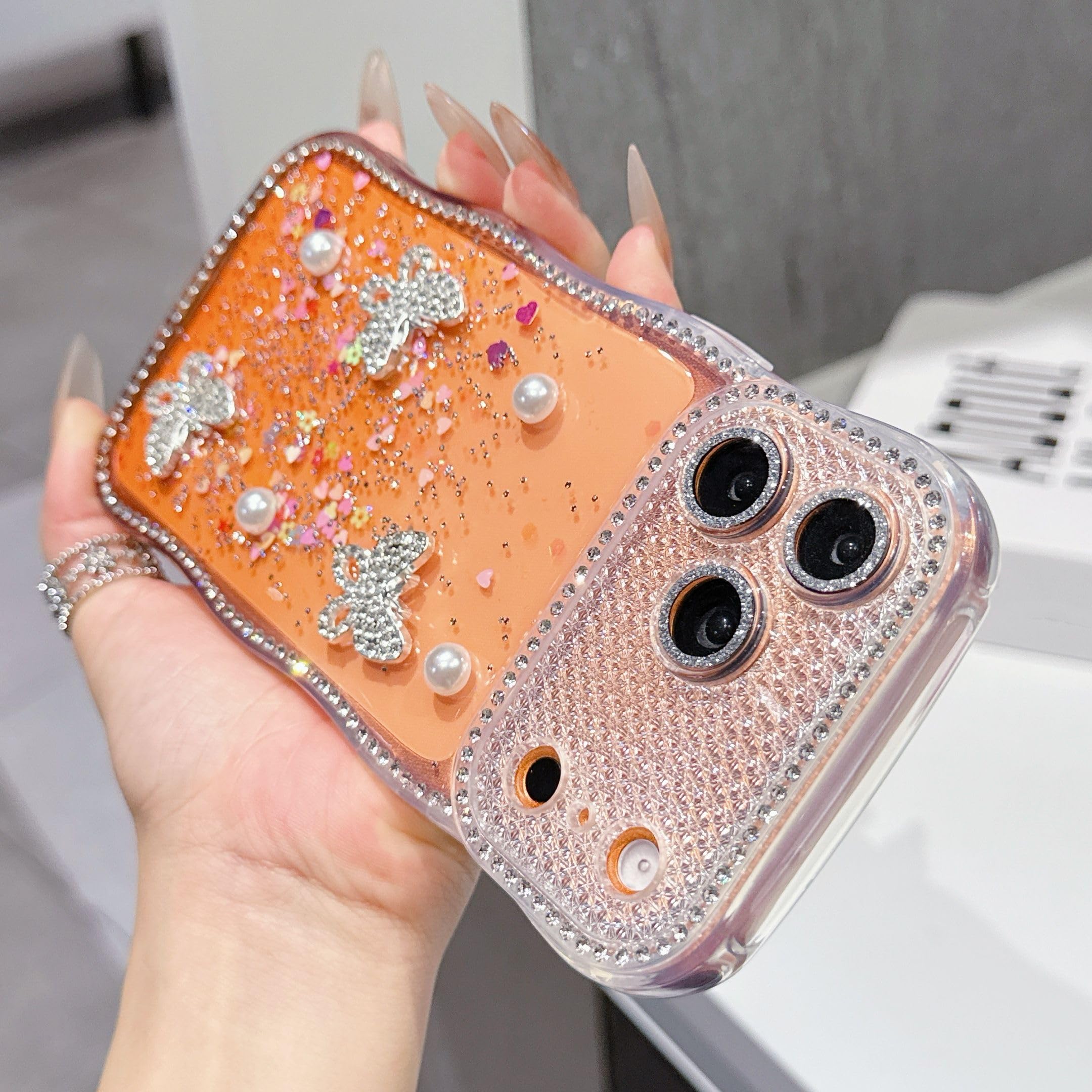 Funda para iPhone 17 16 15 14 13 Pro Max con brillo de diamantes de imitación, diseño degradado, correa para la muñeca, cordón y cubierta trasera a prueba de golpes (para iPhone 14 Pro/BL con cordón)