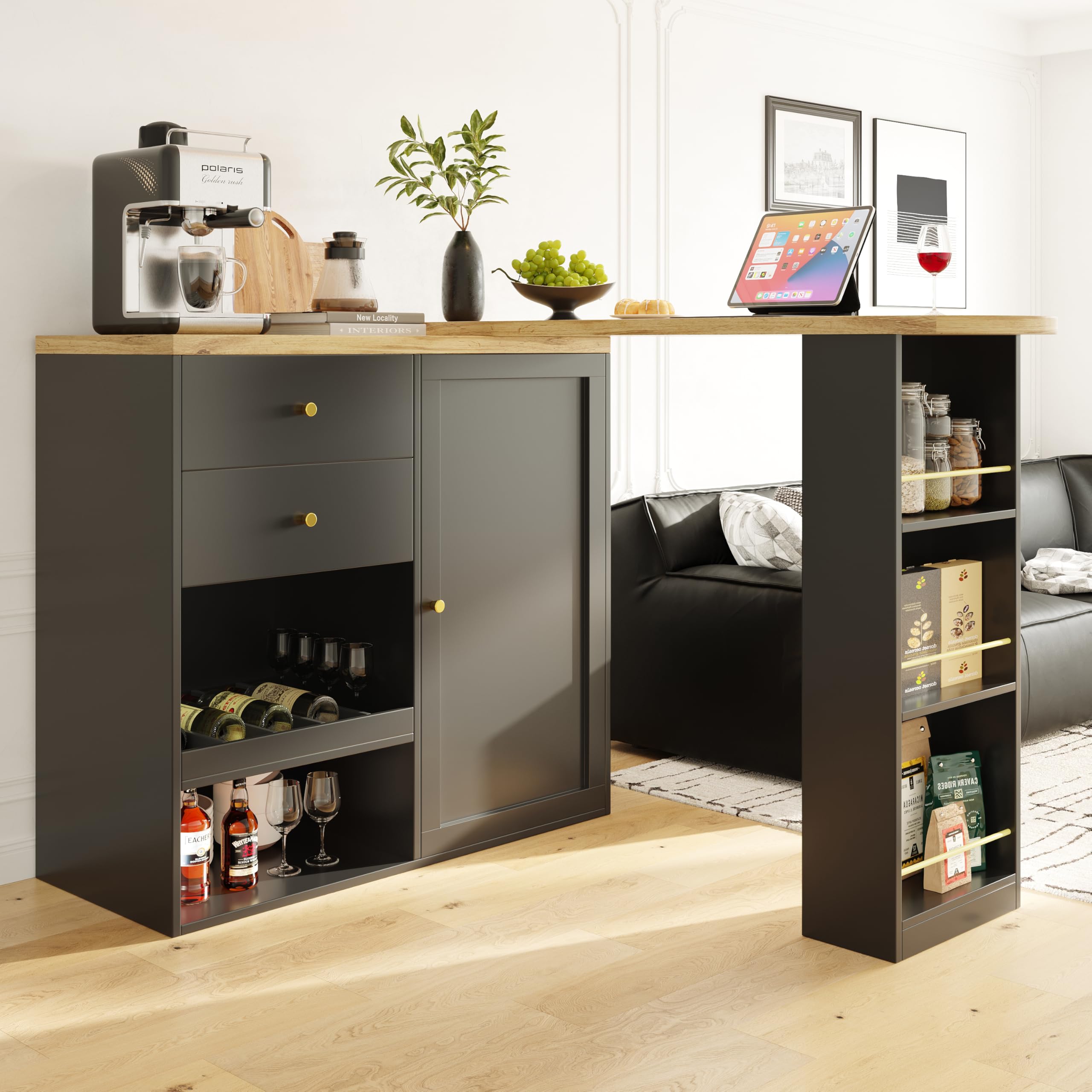Table de bar moderne extensible, table à manger extensible avec espace de rangement, table de bistro pivotante pour salle à manger, 138-105 x 39 x 102 cm (Noir-A)
