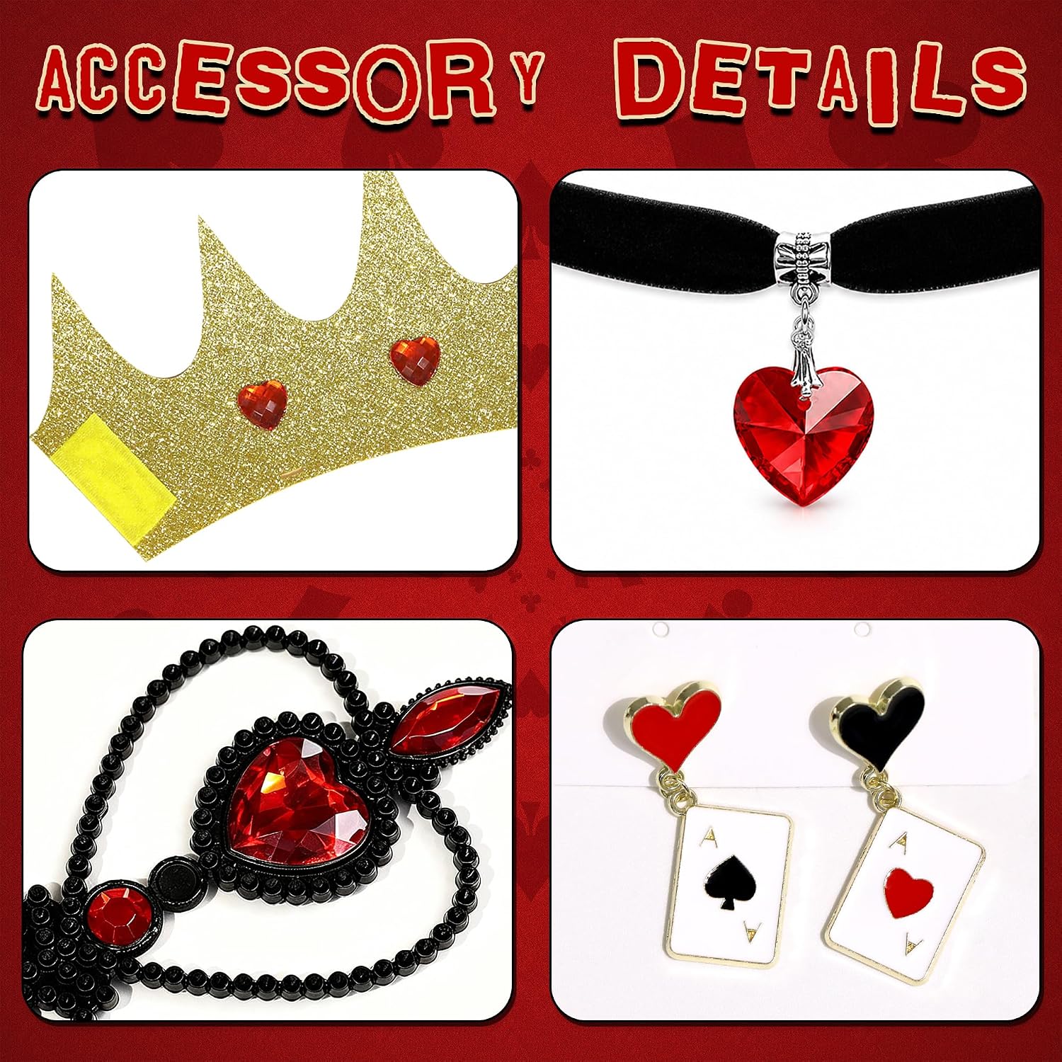 U-Goforst Queen Costume Accessories, Red Hearts Crown Headband Wand Necklaces Earrings Glitter Tattoo Stickers Set for Adult Women, Halloween Party Cosplay Set