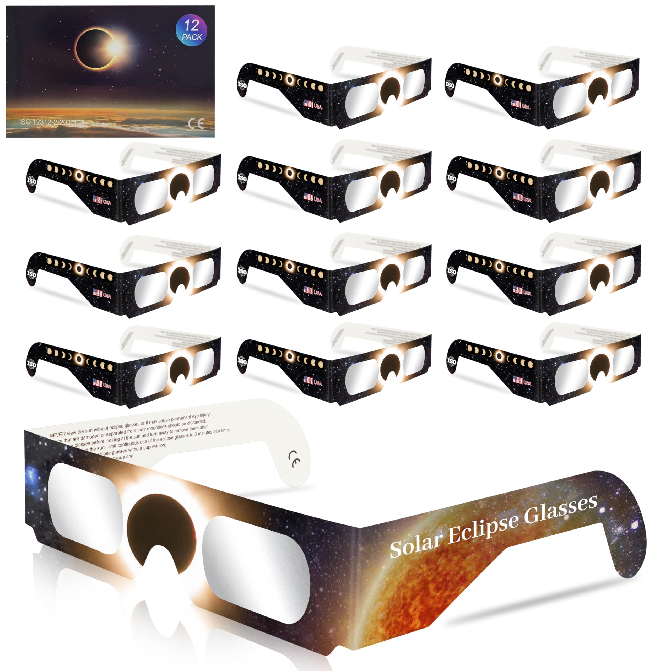QONBINKSolar Eclipse Glasses Approved 2024, (12 Pack) CE and ISO Certified Solar Eclipse Observation Glasses, Safe Shades for Direct Sun Viewing