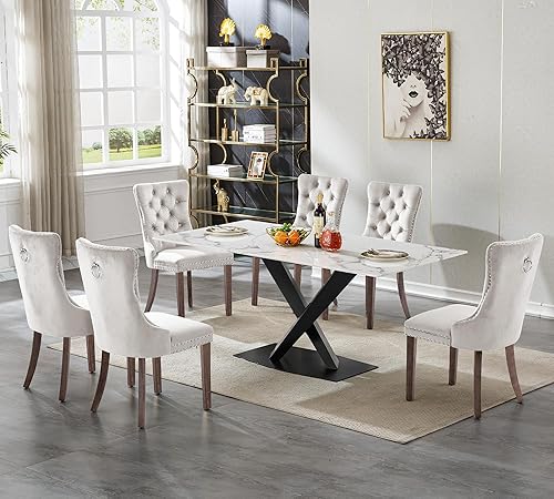 Juego de mesa de comedor de mármol blanco para 6, 70 pulgadas, mesa de comedor de mármol blanco con 6 sillas de terciopelo beige y base de acero al