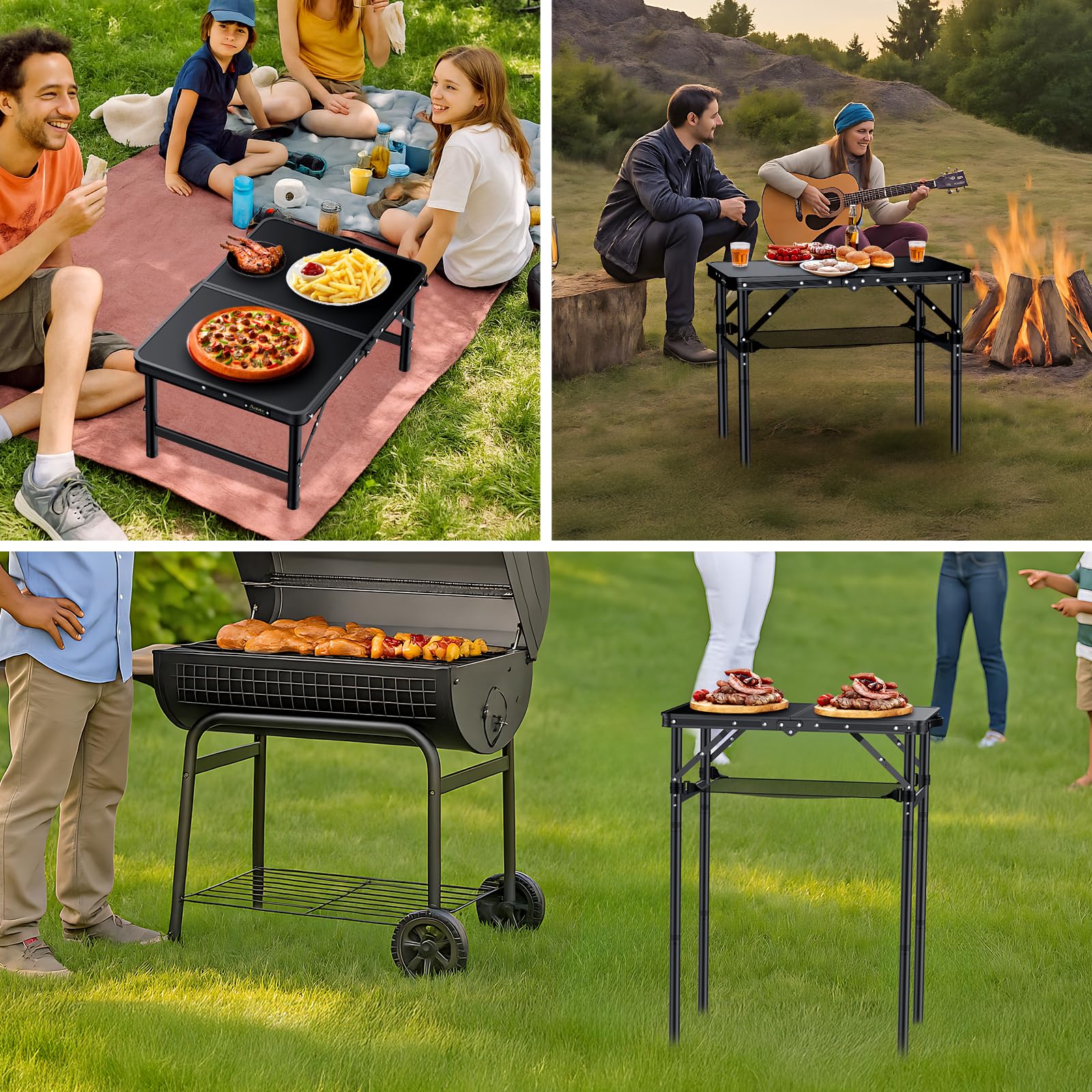 Anbte Mesa Plegable Camping 60x40x27.3/51/74.7cm Ajustable Altura Mesas de Acampada Portátil Mesa Playa Aluminio Impermeable Negro para Terraza Playa Exterior BBQ (Instalación Roscada)