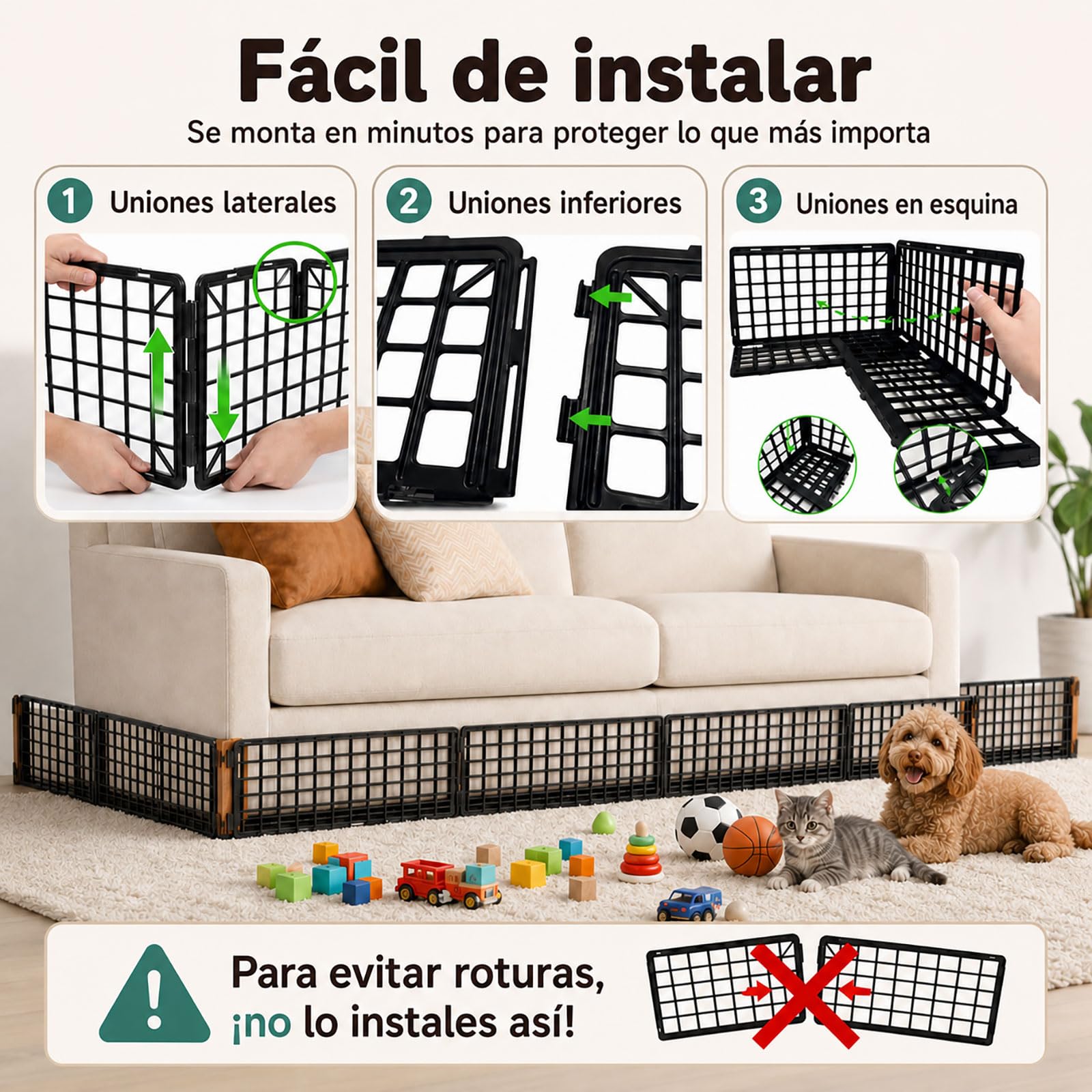 12 Piezas Bloqueador de Juguetes Debajo Sofa para Mascotas, Ajustable Bloqueador Bajo Cama & Sillón, Barrera Plástica Huecos, Protector Muebles con 20 Bridas