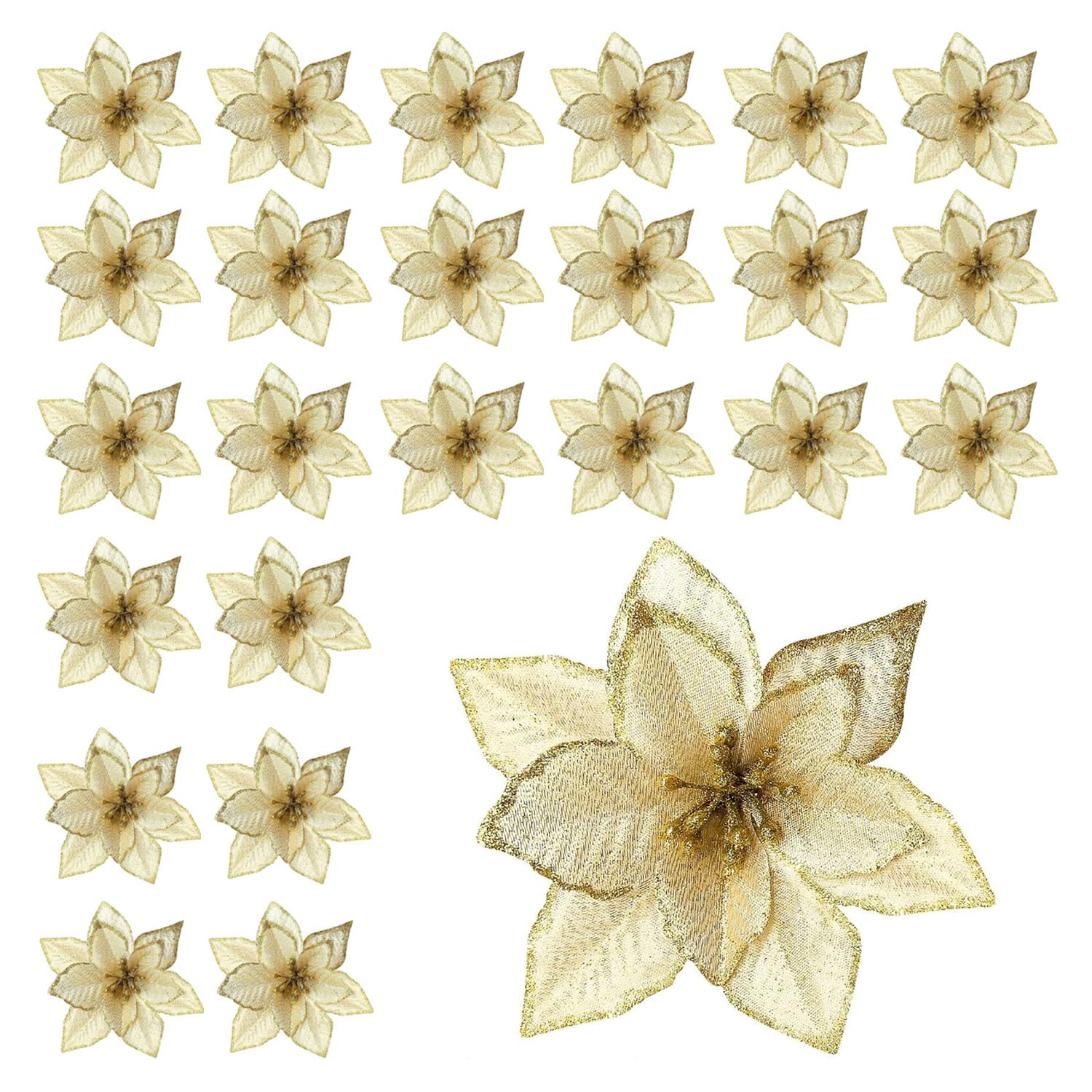 GEERDAN 24 Piezas Flores Poinsettia Brillante de Navidad, Flores Artificiales, Decoraciones para Árbol (Dorado)