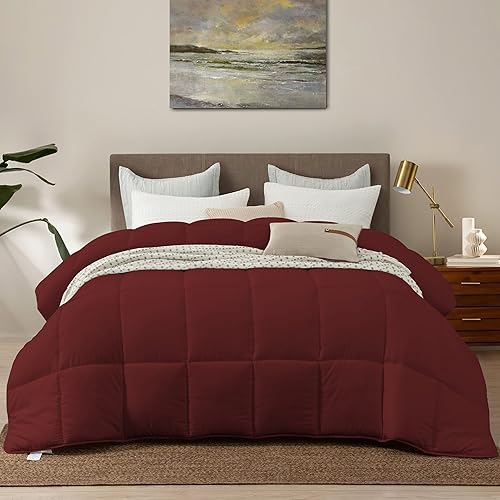 Burgandy Down Alternative Comforter Queen Size All Season Duvet Insert, with Ultra Soft Double Brushed Microfiber Quilt Cover, Box Stitched Comforter with 8 Tabs,90x90 inches