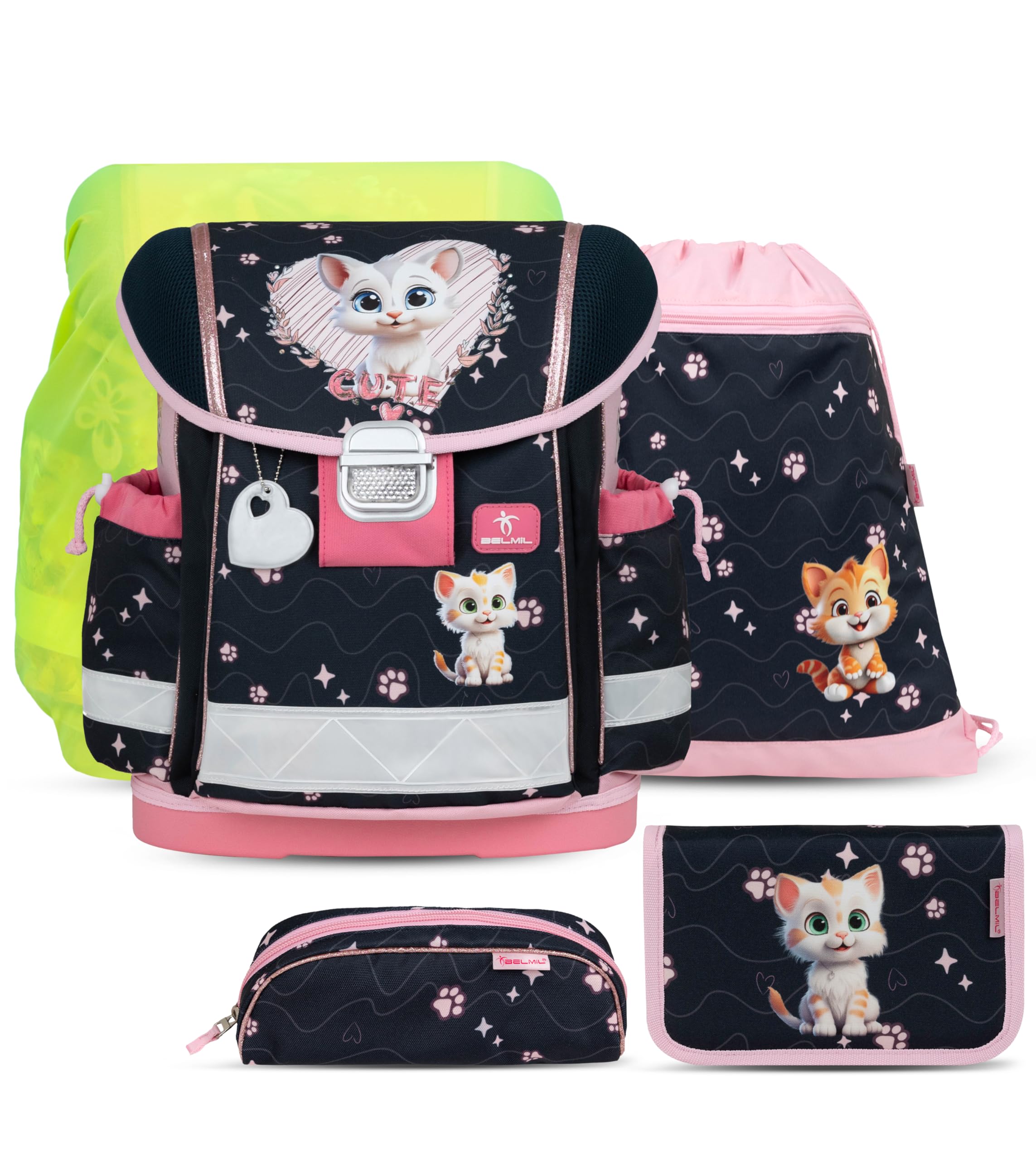 Belmil Schulranzen Set 403-13/AG/S/R 5 - teilig ergonomischer Schulranzen Set mit Regenschutz 1. klasse 2. klasse 3. klasse - Super Leicht 930-990 g/Grundschule (Cute Kitten 2)