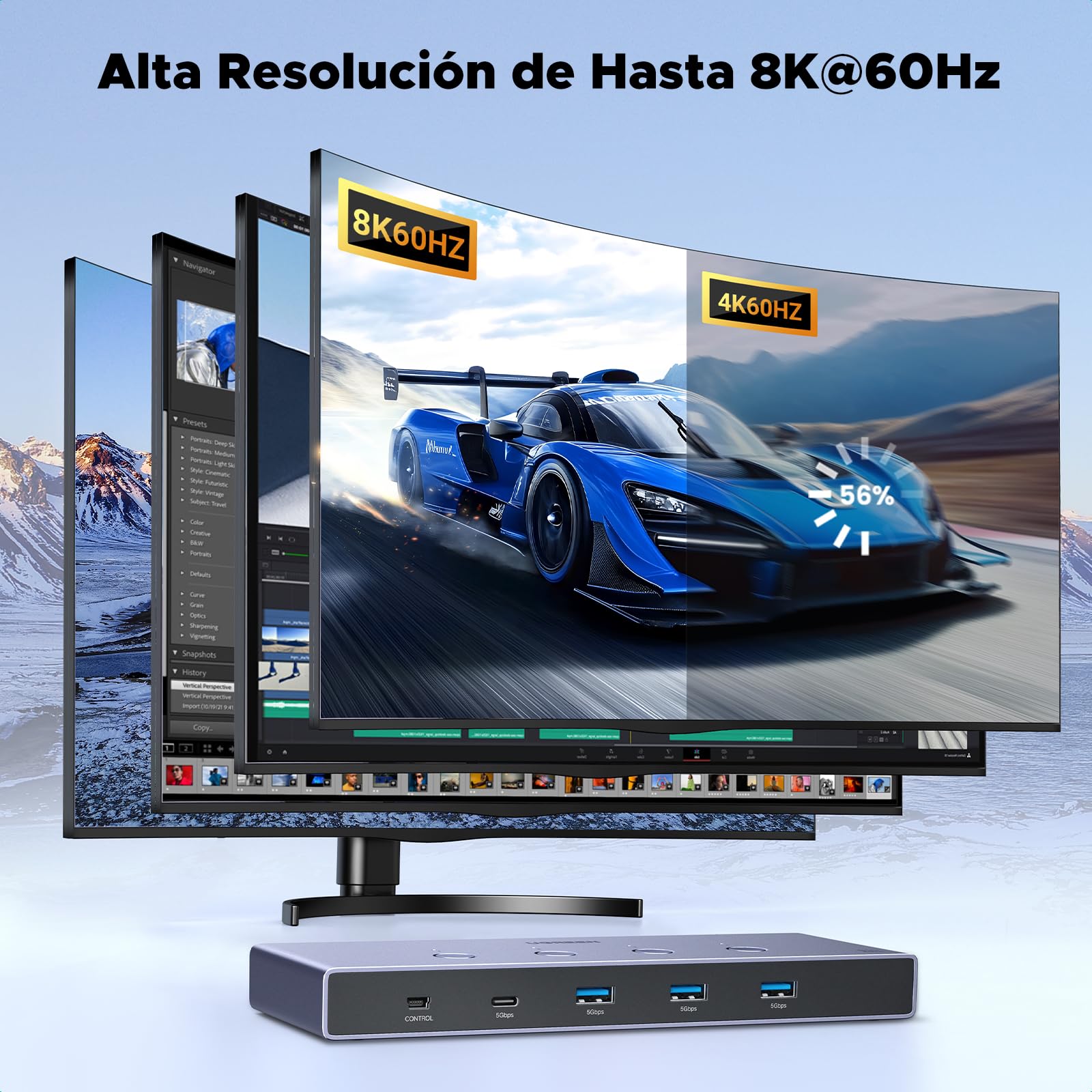 UGREEN HDMI 2.1 KVM Switch 4 In 1 out 8K@60Hz USB 3.0, Conmutador de 4 Puertos USB 3.0 para Compartir 2 PC 1 Monitor, Teclado, Mouse, Impresora y Disco Duro