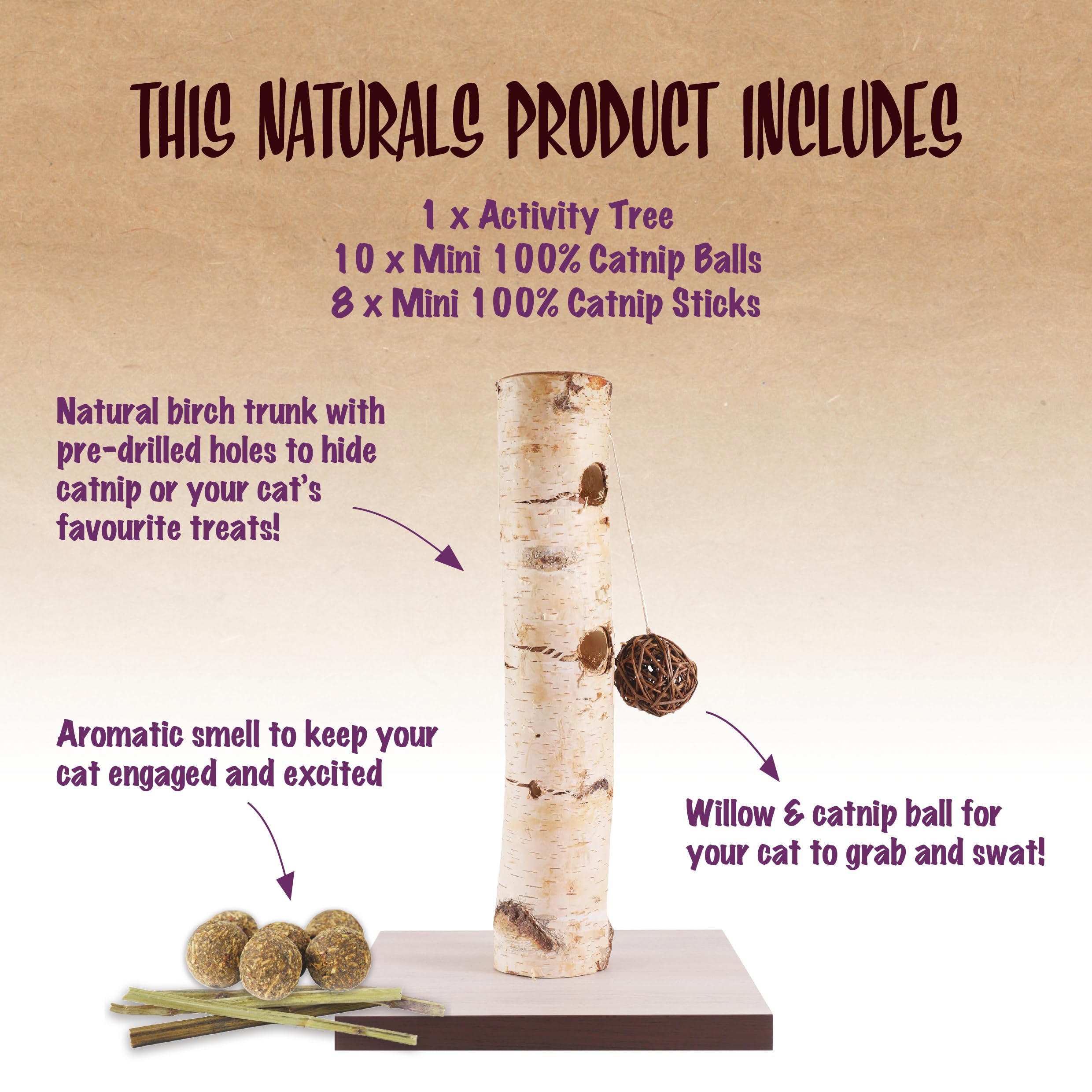 Rosewood Naturals Árbol de Actividades con Mini Bolas de Hierba gatera y Palos, Juguetes para gatos, 38 x 58 cm
