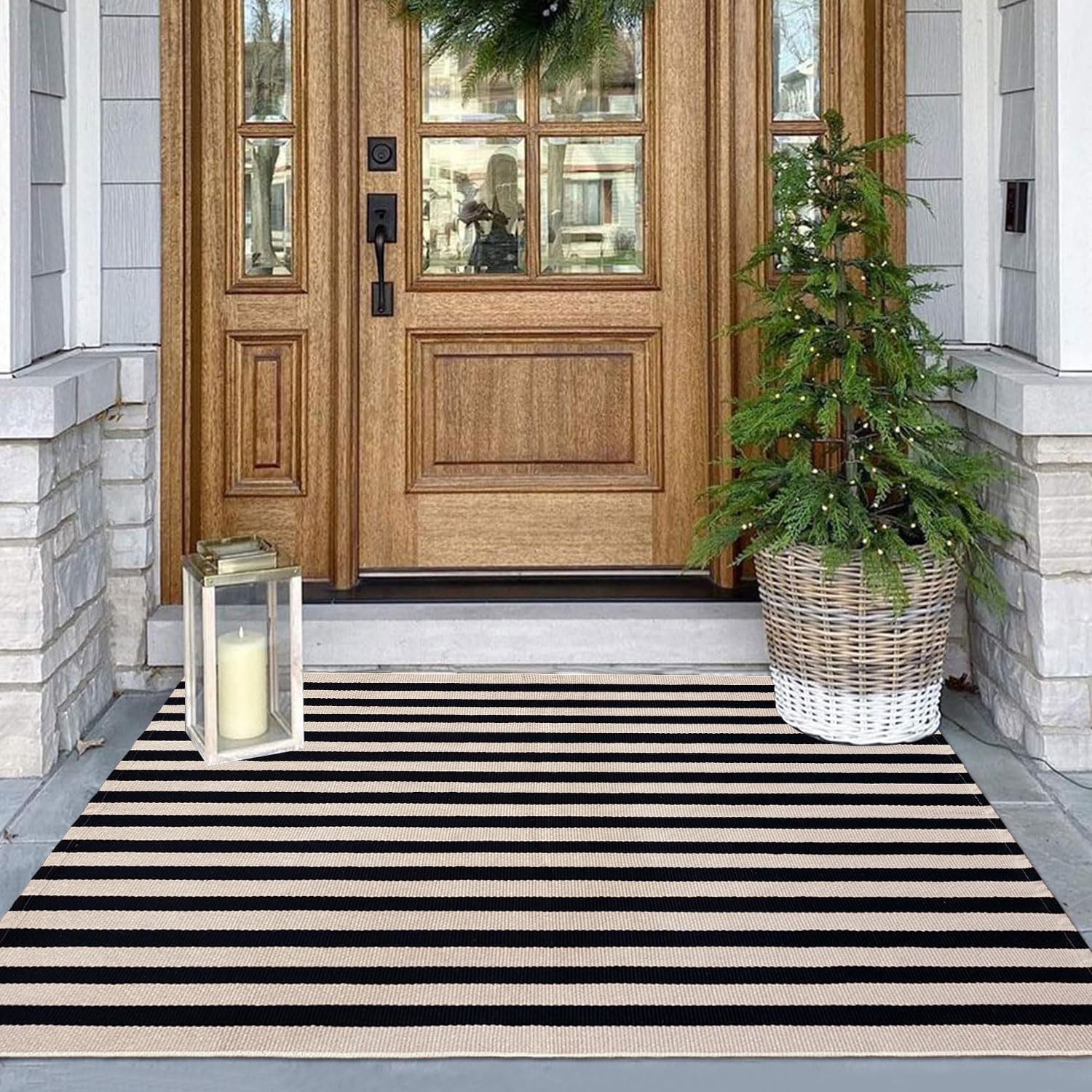 Indoor Outdoor Rug 3x5 Front Door Mat Outdoor Cotton Welcome Mat Outdoor Farmhouse Layered Mat Washable Stripe Outdoor Mats for Entrance Front Door Porch Balcony(Black/Tan)