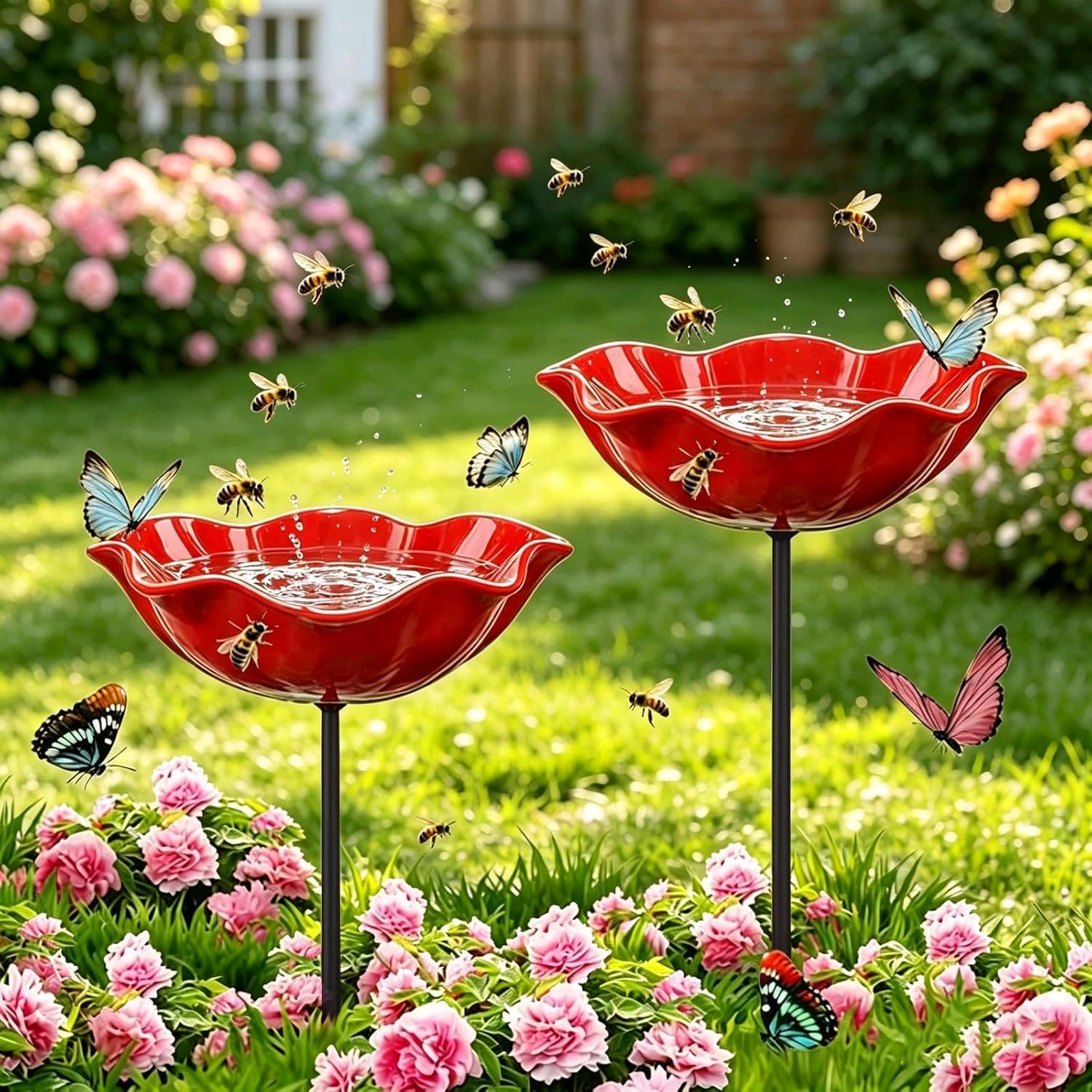 2 PCS Handmade Metal Flower Garden Stake Bird Bath, Metal Bird Bath Bee Watering Station for Garden, Bird Baths Feeder Bowl for Outdoors Patio Yard Lawn Decor.