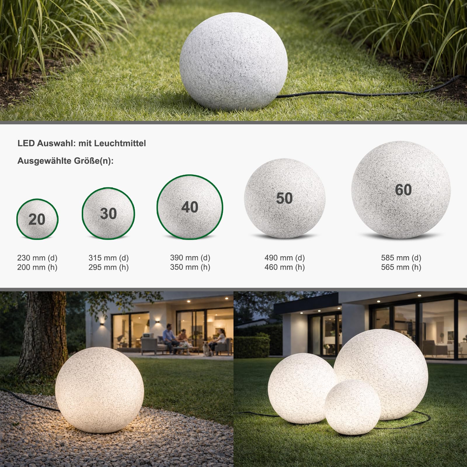trendlights24 Stone IP65 Kugelleuchte für Garten - 3er Set 20+30+40 cm Kugel Außenleuchte Naturstein Optik E27 230V - mit LED 9W - Erdspieße - außen
