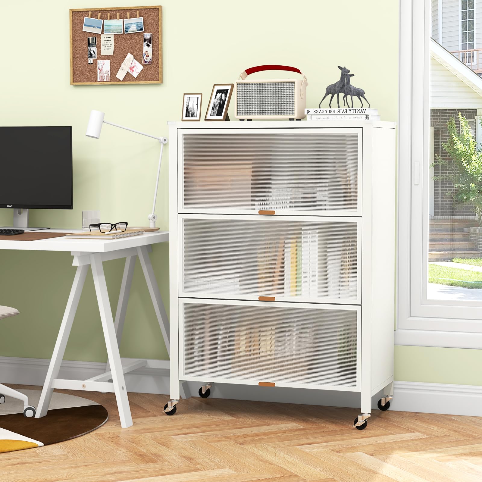 KOMFOTTEU Küchenregal mit 4 Ebenen, Küchenschrank mit 4 Rollen und transparenten Klapptüren, Aufbewahrungsschrank aus Metall mit Kippsicherung für Esszimmer, 81 x 37 x 115 cm