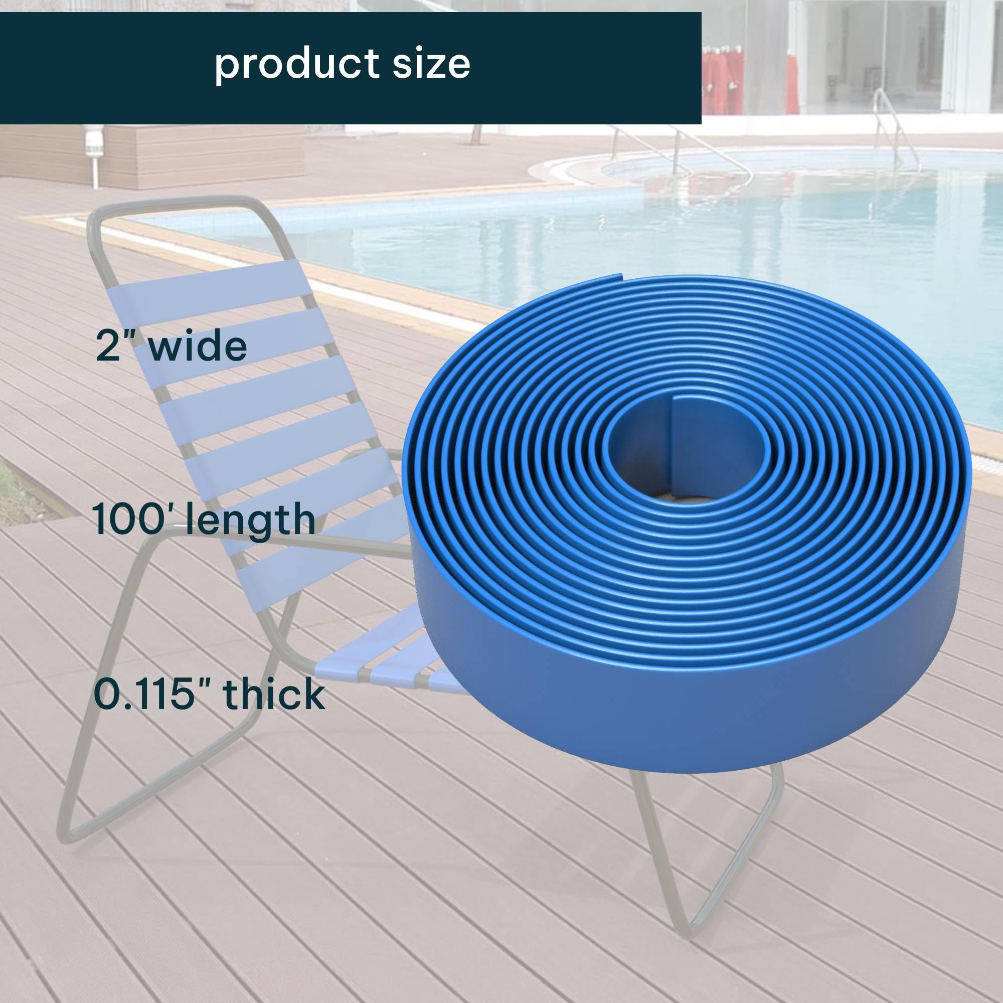Correa de vinilo para silla de 2 pulgadas de ancho y 100 pies de largo, para patio, césped, jardín, muebles de exterior, acabado mate, color azul rey 3