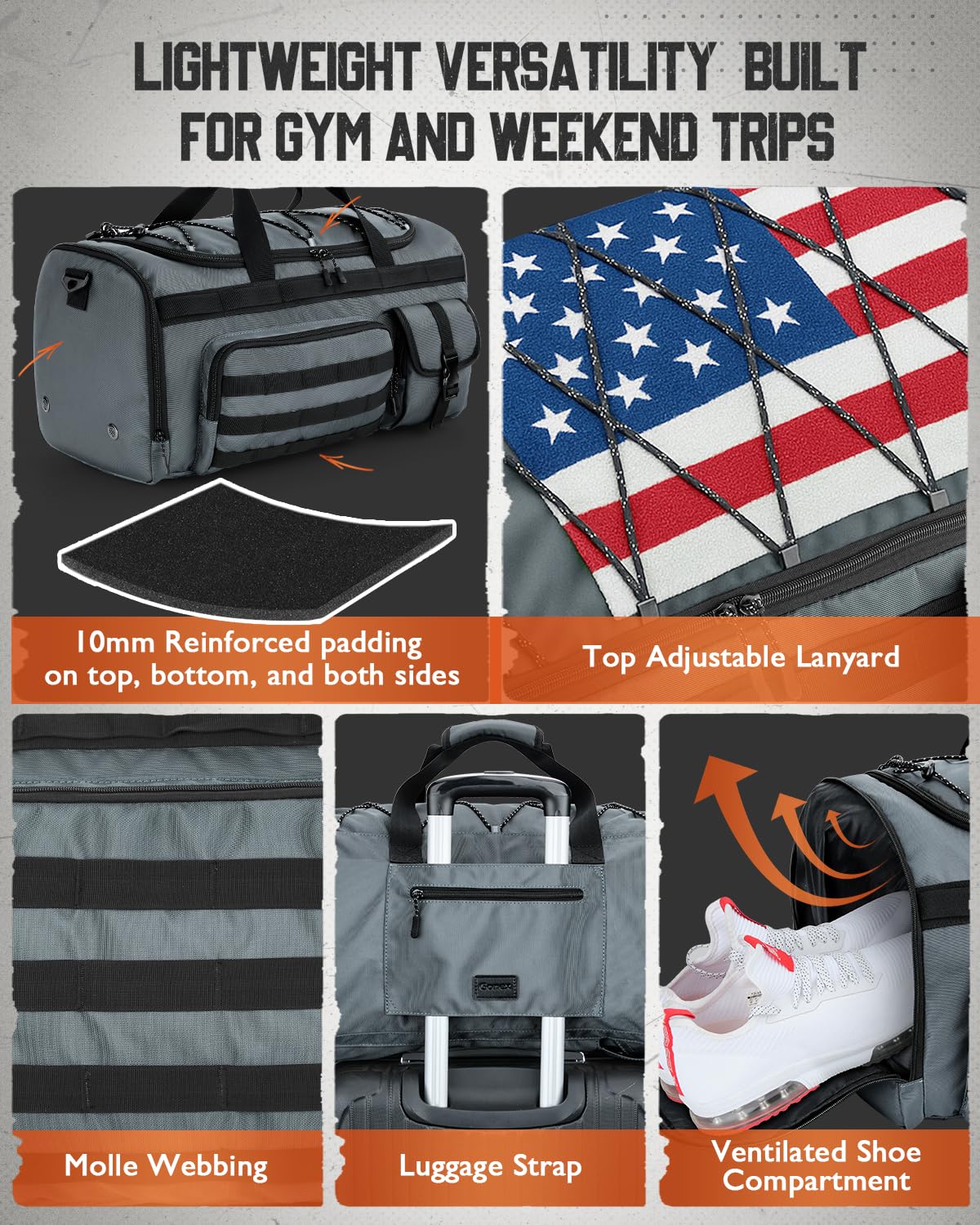 Gonex Bolsa de deporte y bolsa de viaje para hombre de 45 l, 3 en 1, portátil, con compartimento para zapatos, para gimnasio, entrenamiento y viajes (gris)