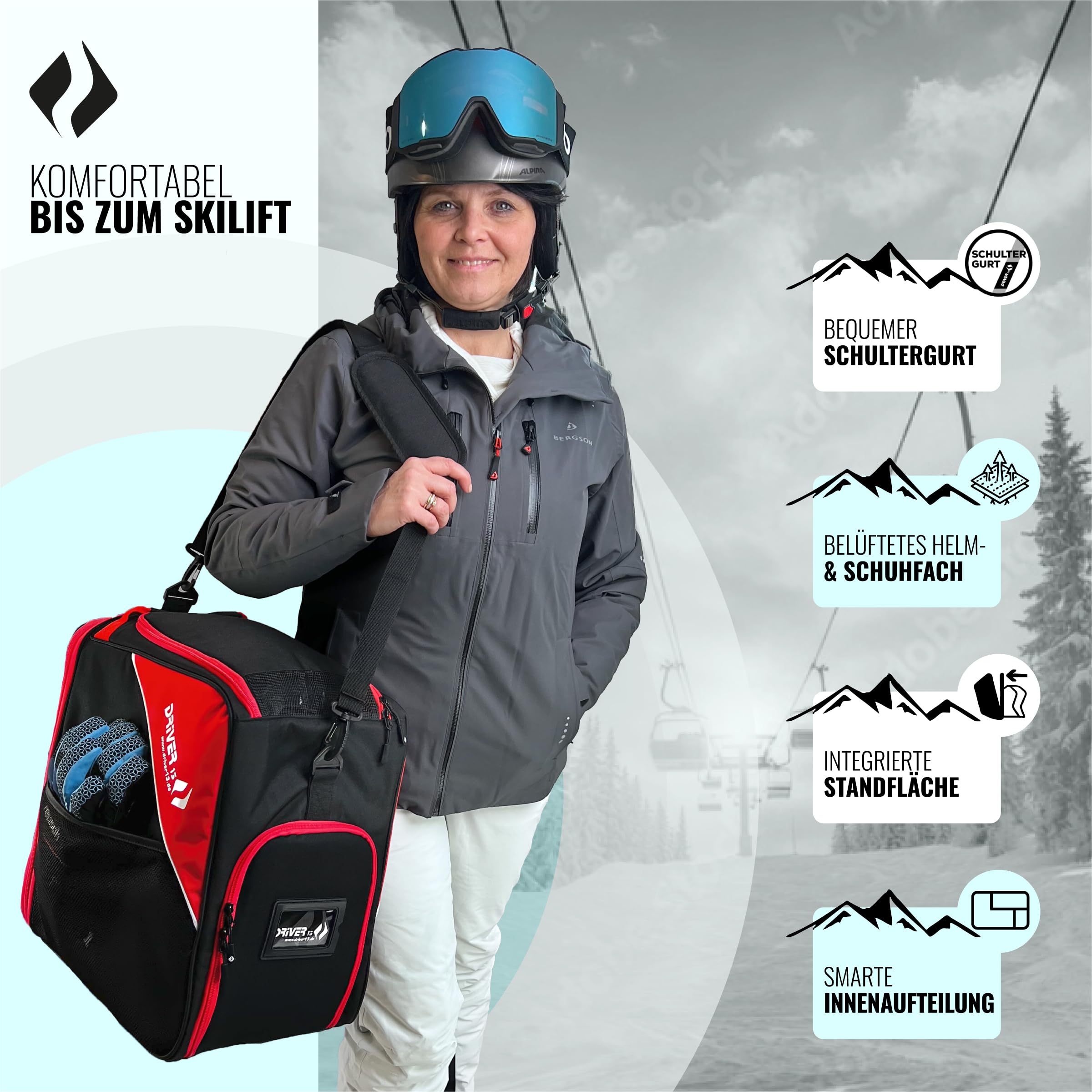 Driver13 ® Bolsa para Botas de esquí Bolsa para Botas de esquí con Compartimento para Casco para Botas Blandas duras inliner y Bolsa para Botas Negro-Rojo