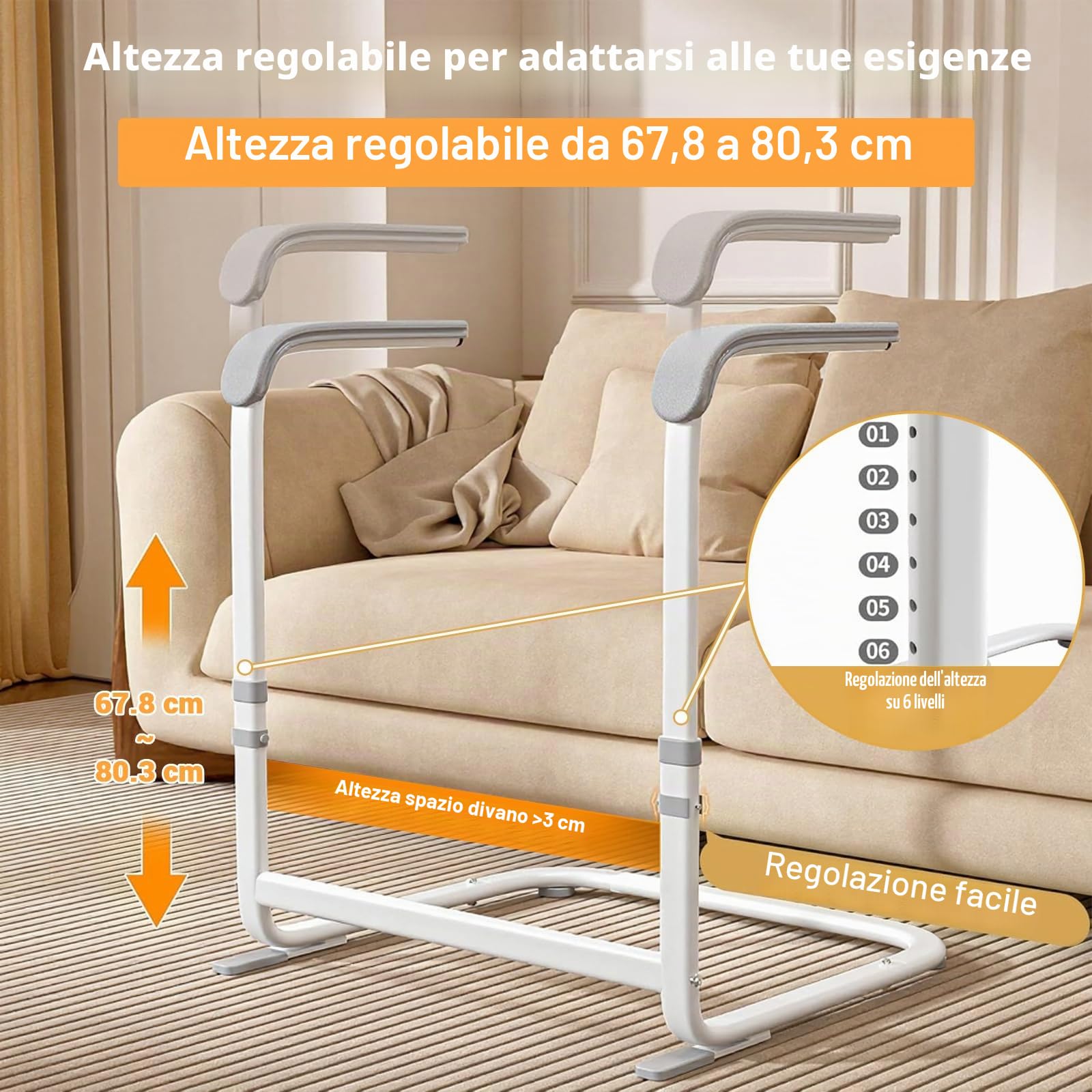 Garvee Ausilio Regolabile per Alzarsi: Maniglia di Supporto in Acciaio al Carbonio, 6 Livelli di Altezza, Barra Sicurezza Antiscivolo, per Anziani e Disabili, per Sedia, Divano o Letto