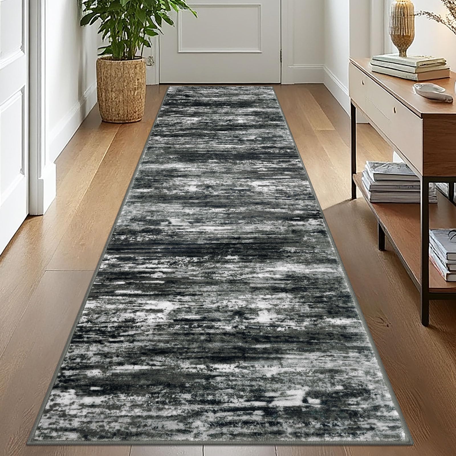 KOZYFLY Modern Abstract Washable Rug Runner 2.6x10 Hallway Rug Runner Non-Slip Soft Kitchen Runner Rugs, Black Grey Striped Carpet for Entryway Bathroom Laundry Room Foyer — image 1