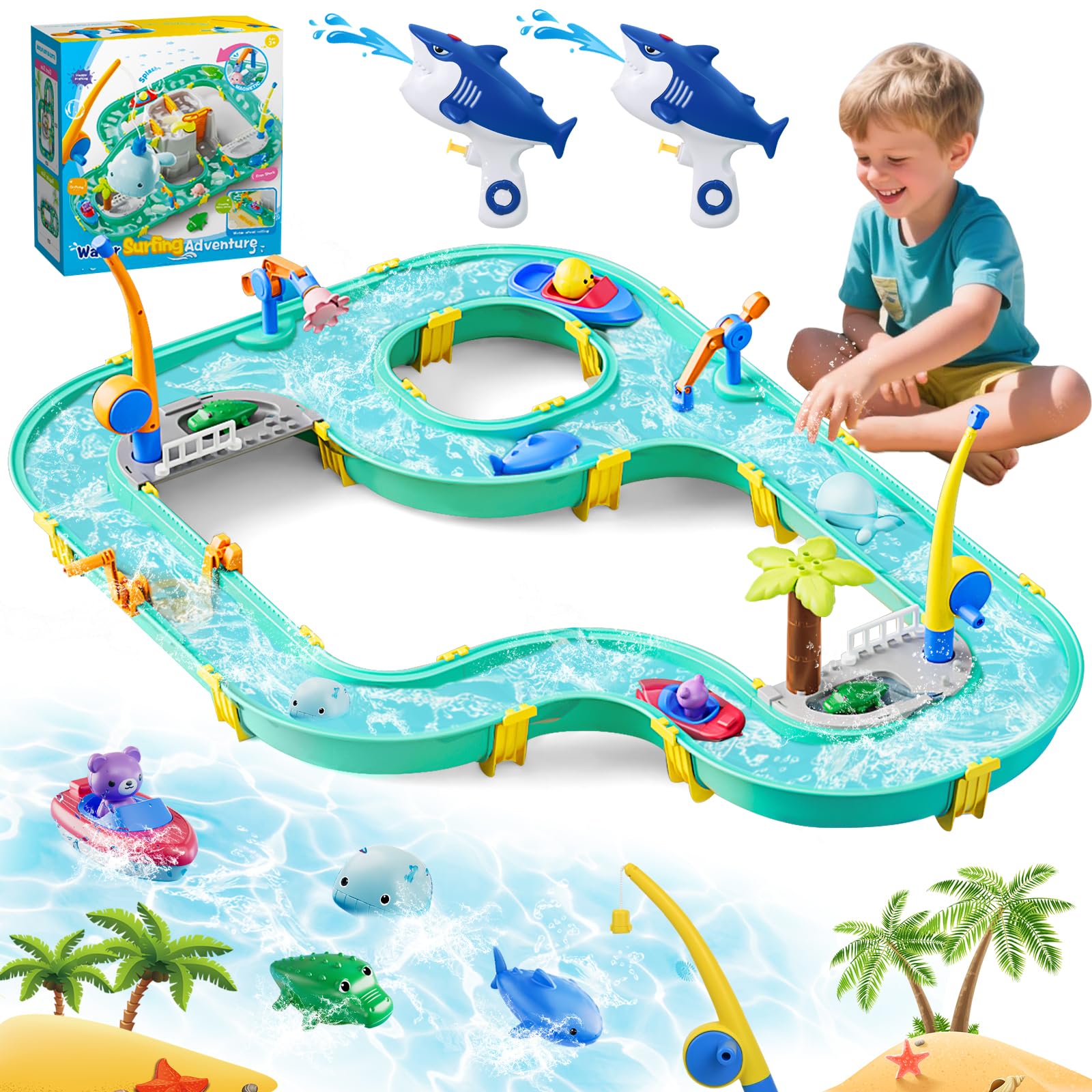 Joellfuner 73 Piezas Mesa de Agua y Arena Set, Juguete de Mesa de Arena y Aguas con Barcos, Pistolas de Agua y Acesorios de Juguetes de Playa, para los Niños 3 4 5 6 Años