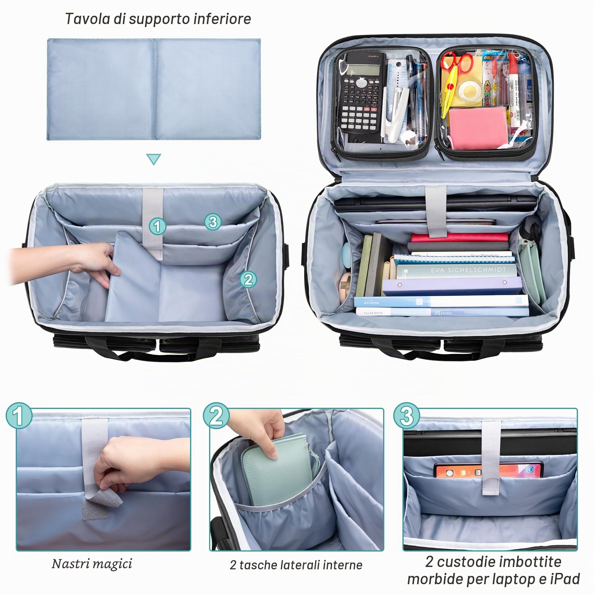 CURMIO Borsa da Lavoro per Insegnanti con Rotelle, Trolley per PC Portatili Fino a 15,6", Borsa Trolley Insegnante per Materiale didattico, da Uufficio, l'artigianato o Scrapbooking, Nero