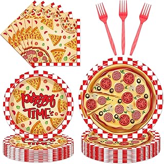 Pizza Plates and Napkins Party Supplies - 96PCS Pizza Birthday Party Decorations Pizza Time Pizza Themed Disposable Tableware Set Serves 24 Guests