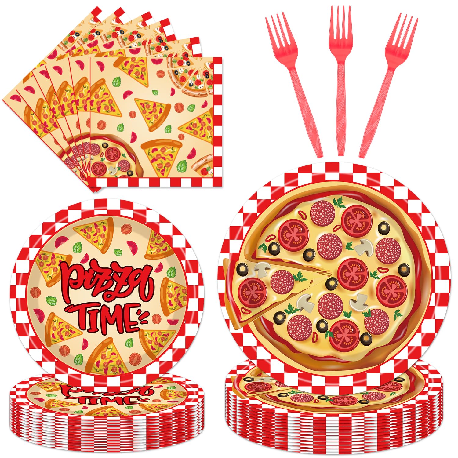 EngoEagle Pizza Plates and Napkins Party Supplies - 96PCS Pizza Birthday Party Decorations Pizza Time Pizza Themed Disposable Tableware Set Serves 24