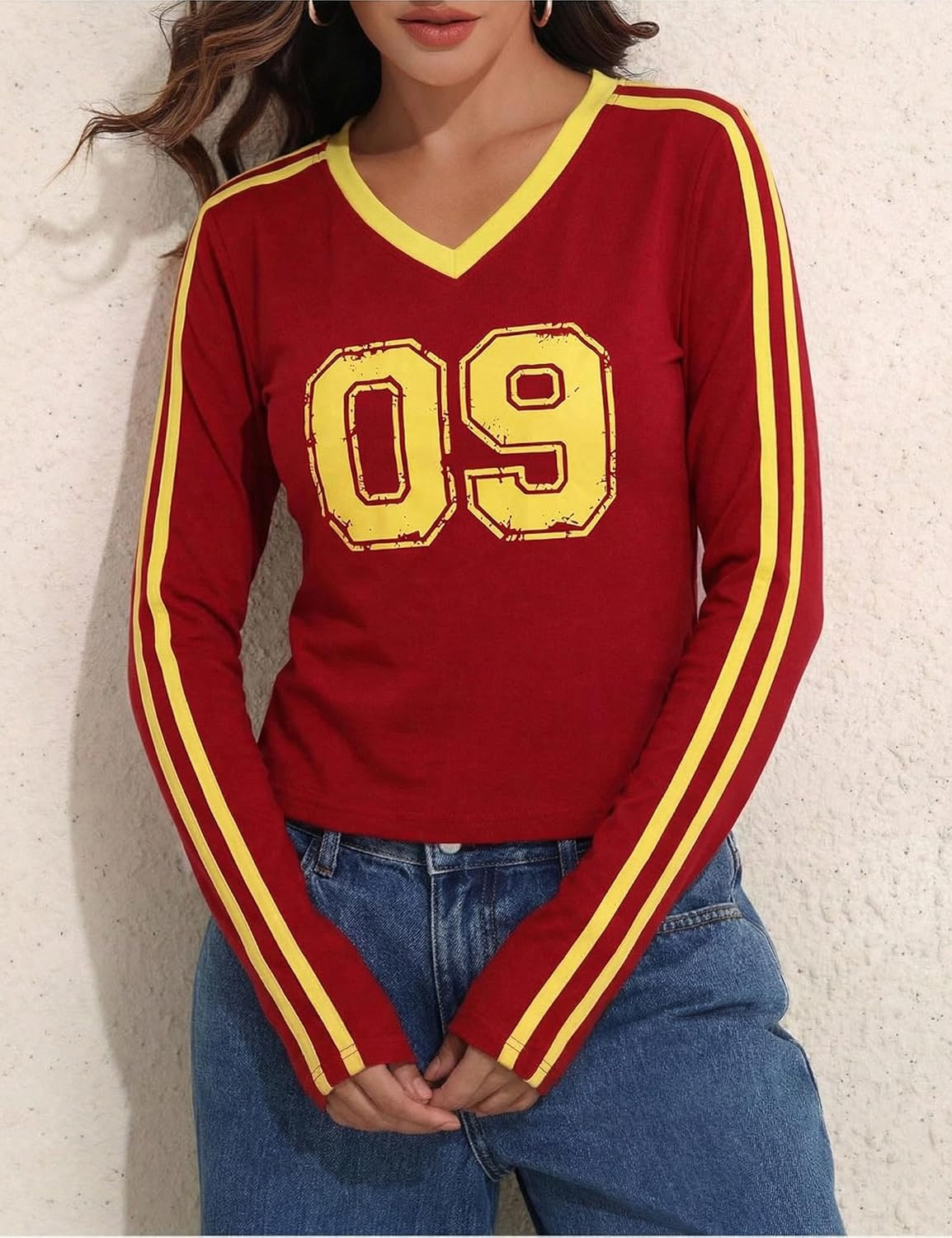 Womens Long Sleeve Shirt Vneck Number Printed Slim Fitted Tops Y2k - Image 2